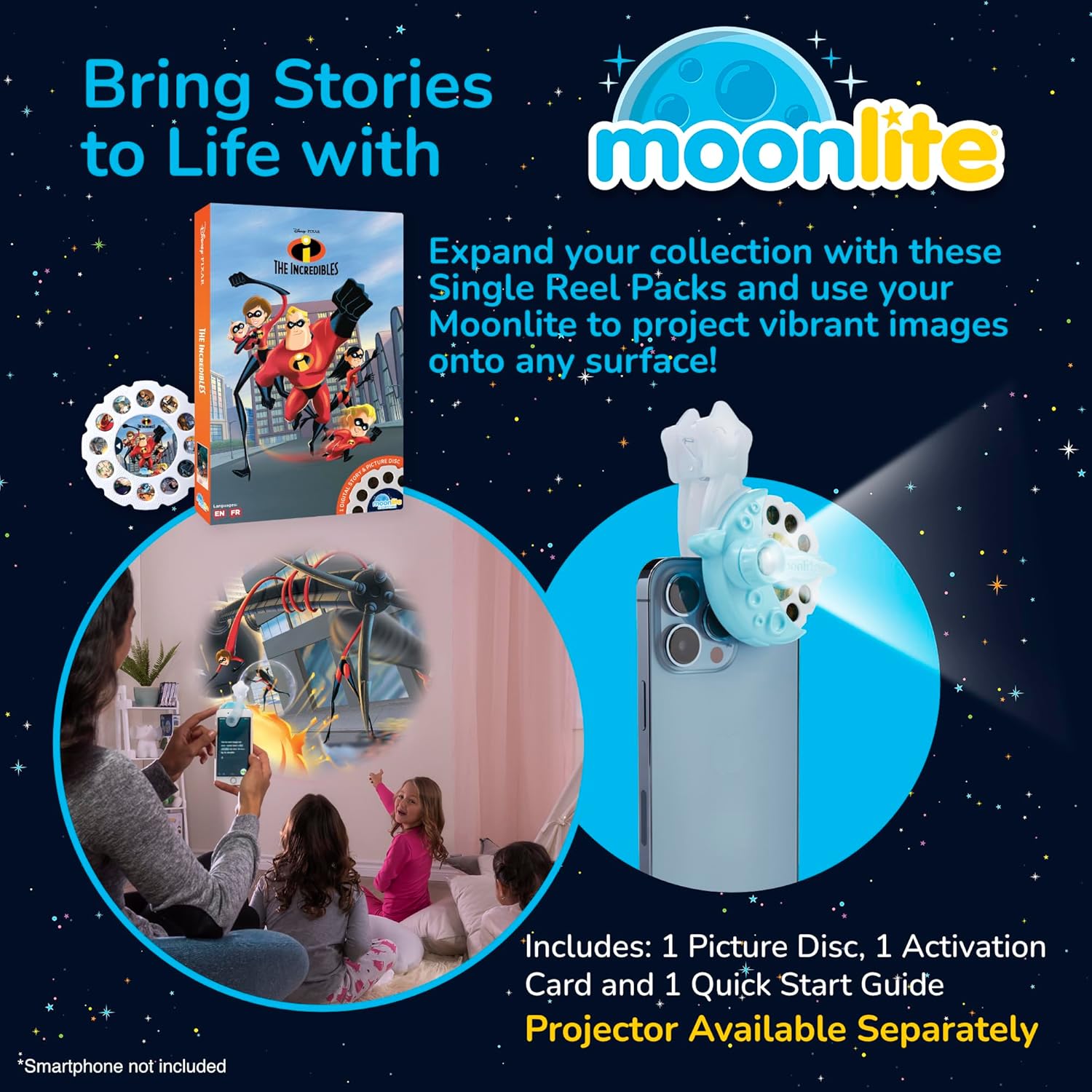 Moonlite Storytime – Carrete de libro de cuentos The Incredibles, una forma mágica de leer juntos, historia digital para proyector, divertidos