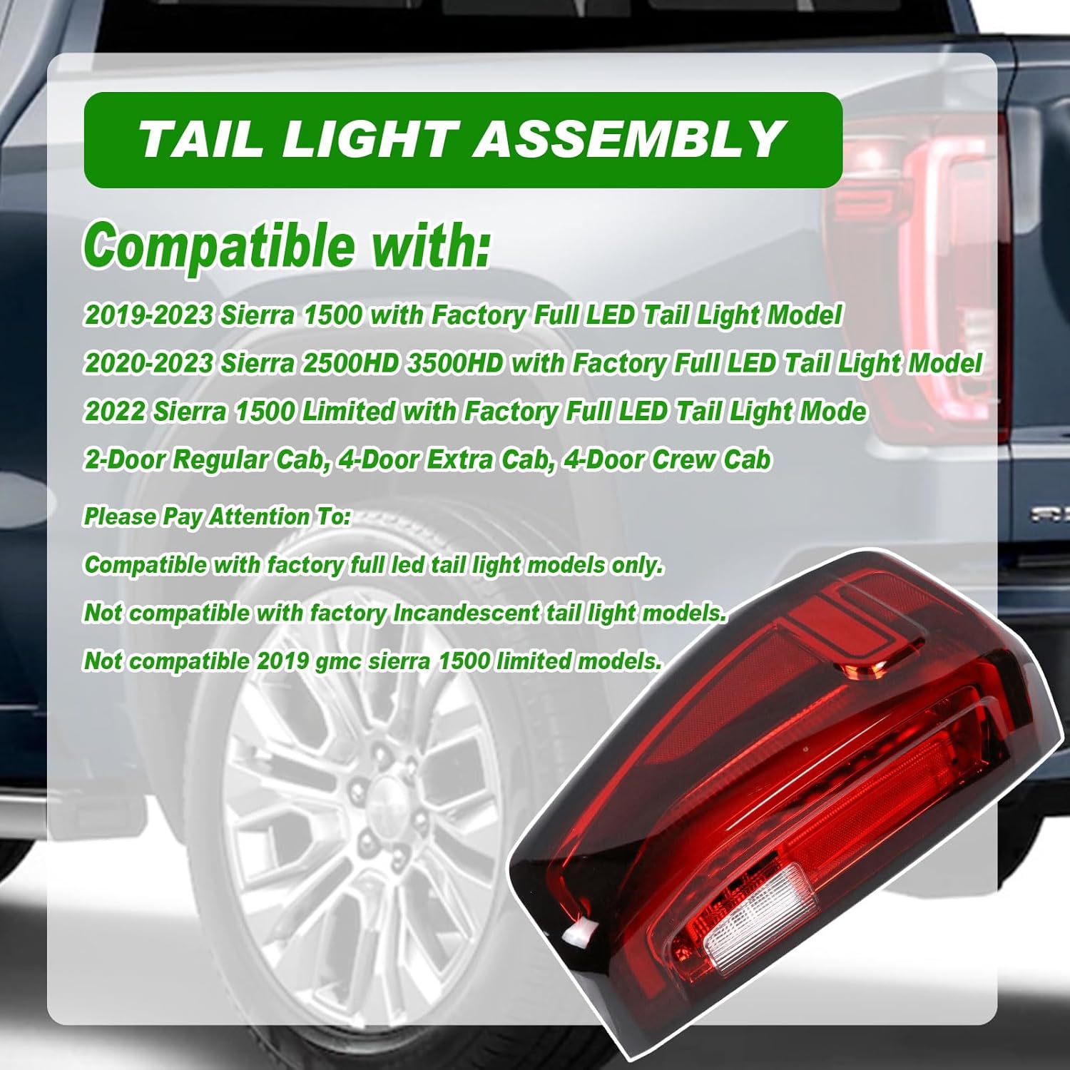 Luz trasera LED para el lado del conductor con lámparas distintivas, luces traseras izquierdas, luz de freno compatible con GMC Sierra 15002500