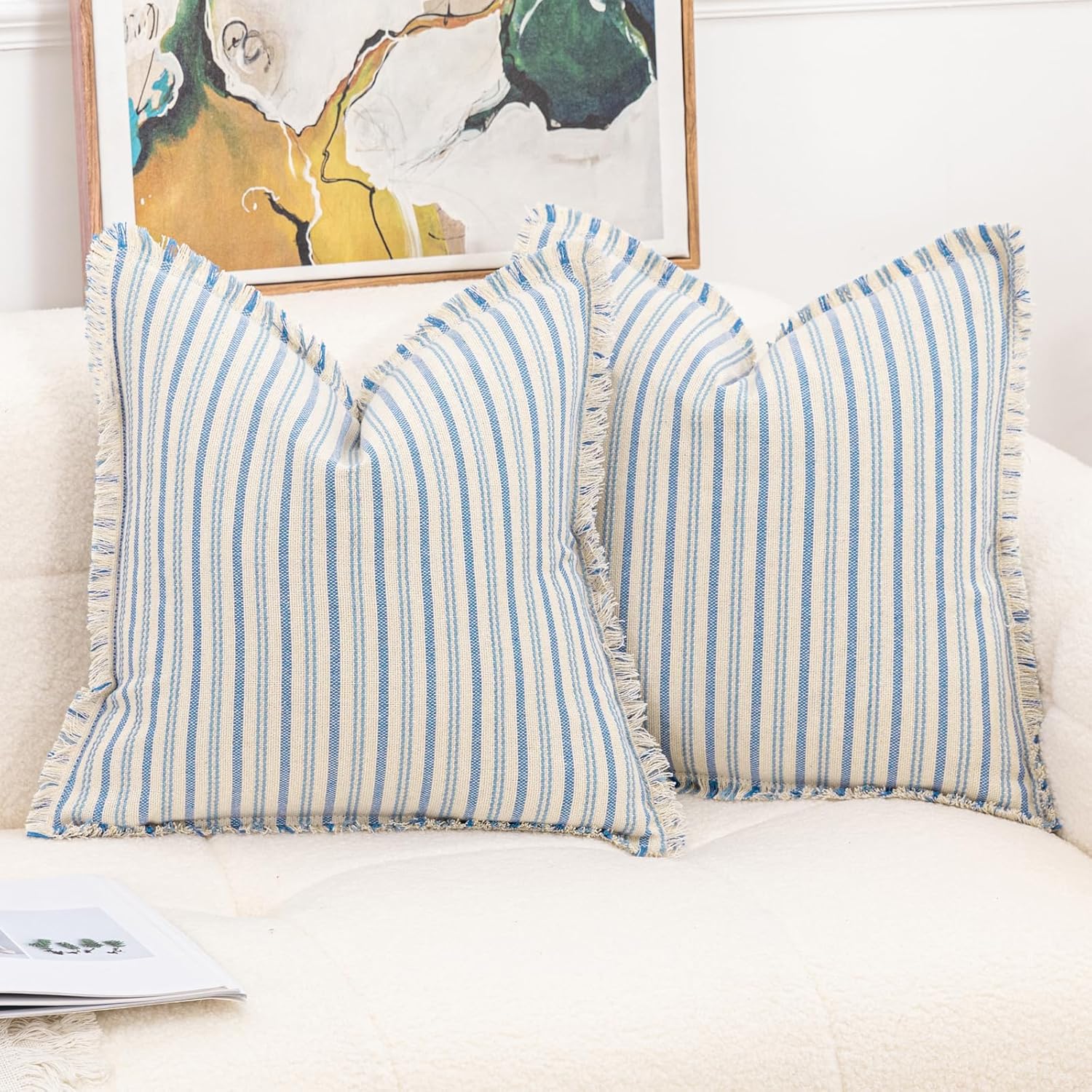 Vfuty Juego de 2 fundas de almohada decorativas de lino y algodón de 18 x 18 pulgadas, funda de almohada de rayas azules con flecos, funda de cojín