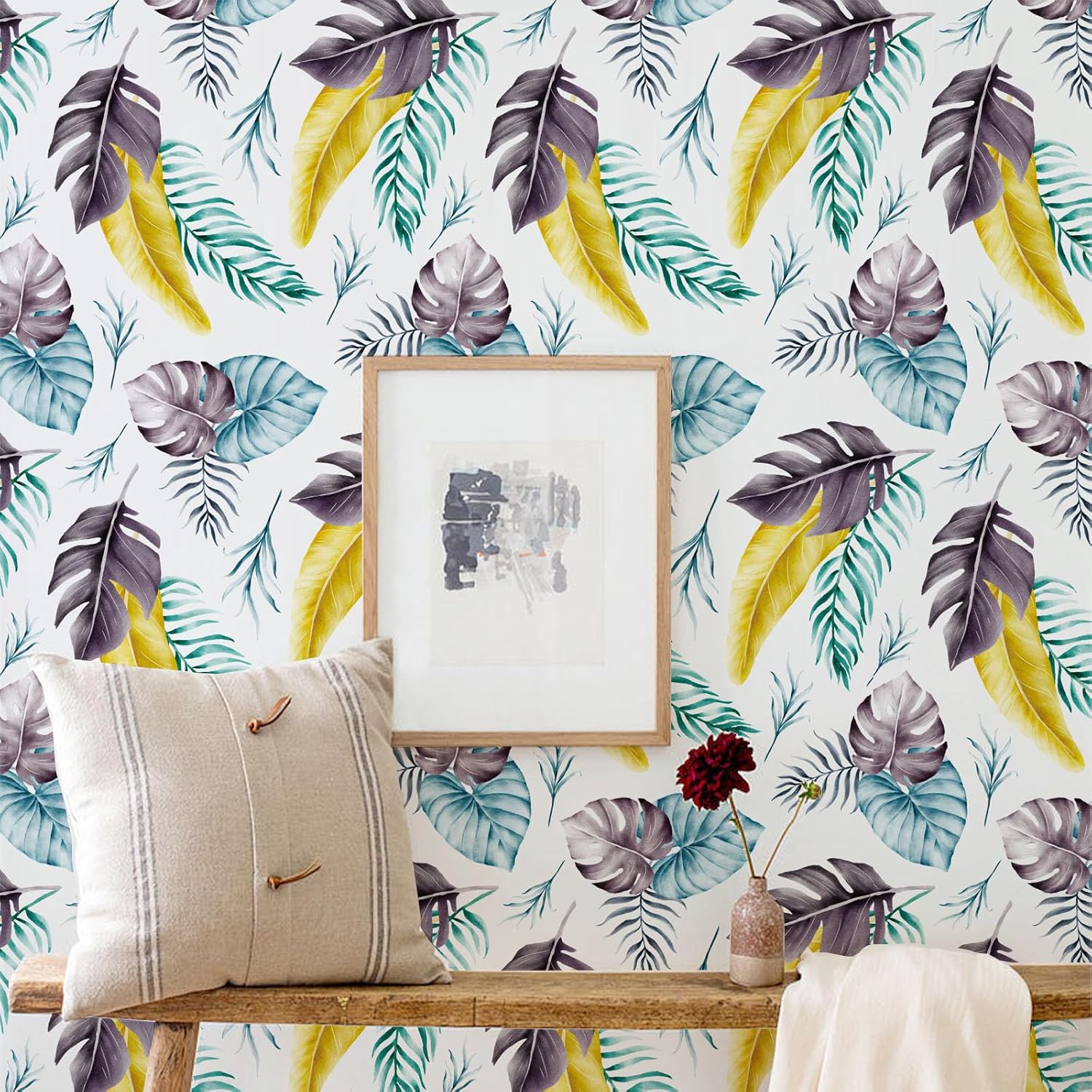 BaoHArtHome Papel tapiz de palmeras tropicales, removible, hojas de oro verde, bohemio, fácil de despegar, autoadhesivo, impermeable, para