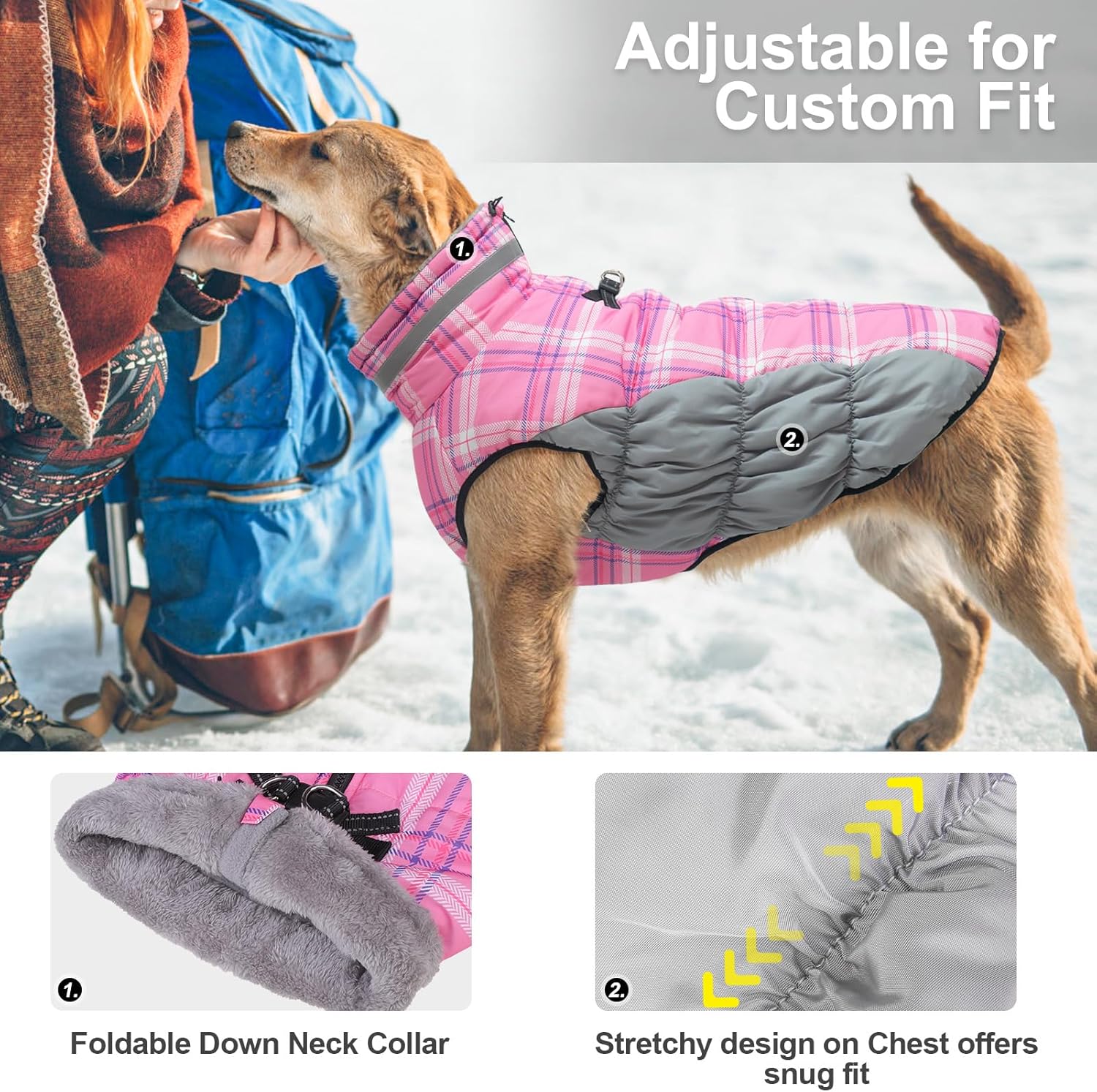 BEAUTYZOO Abrigo de invierno a cuadros para perro, chaqueta reflectante mejorada para perro, forro polar acolchado con arnés integrado, ropa
