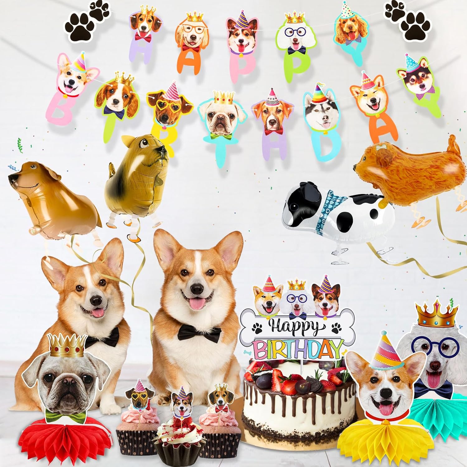 39 piezas de decoraciones de cumpleaños para perros, suministros de fiesta de cumpleaños para cachorros, 2 carteles de feliz cumpleaños, 3 panales