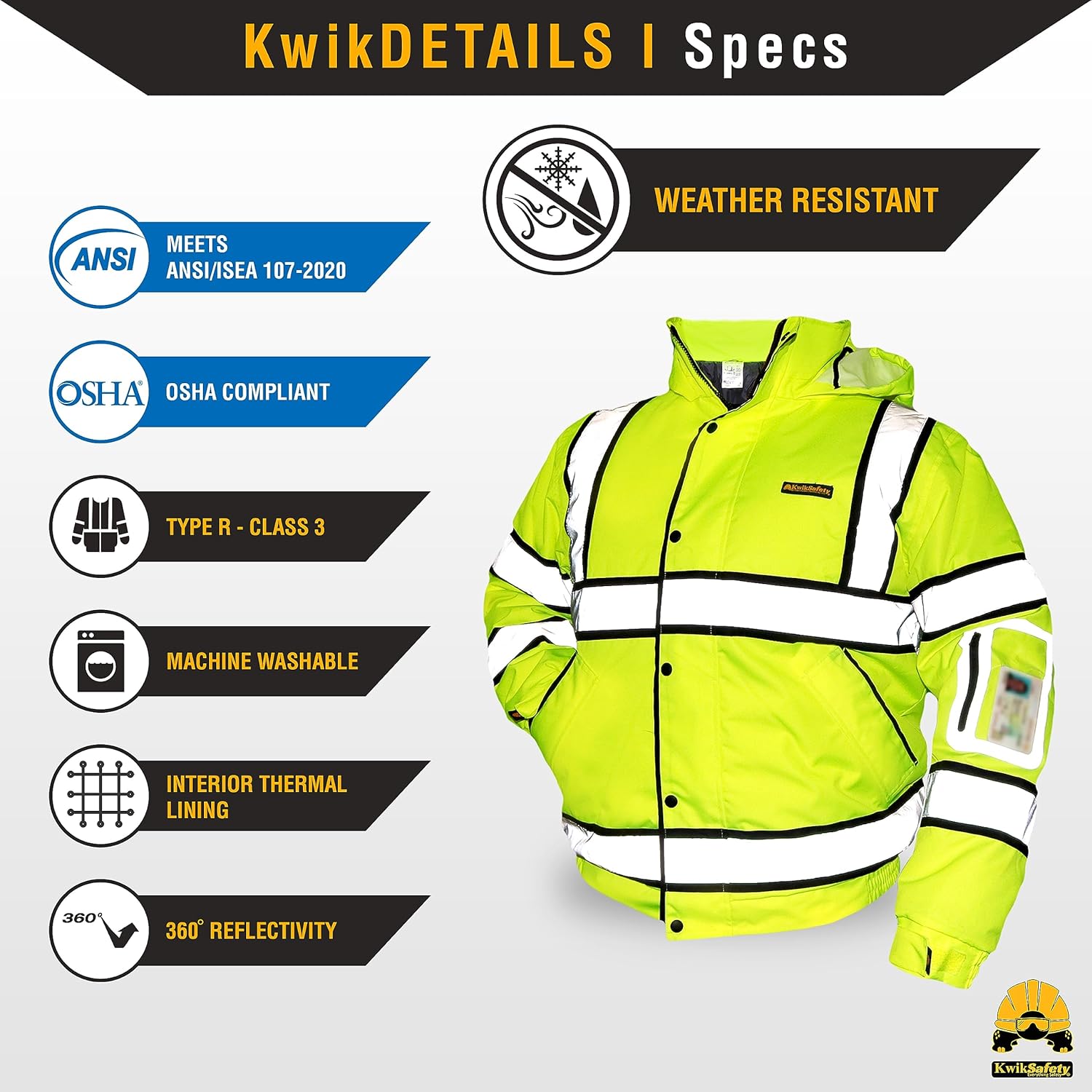 KwikSafety Chaqueta de seguridad ENFORCER, UNIVERSE & MARSHAL bolsillo para identificación y capucha plegable Clase 3 Probado por ANSI Cumple con
