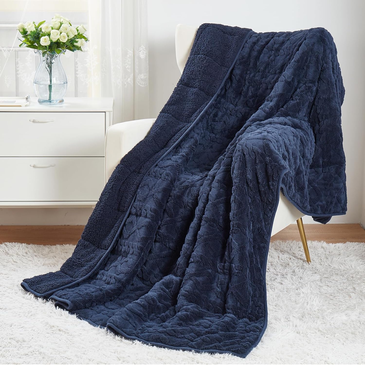 Manta con peso tamaño Queen de 60 x 80 pulgadas, manta de cama sherpa suave y elegante, 15 libras para calmar y calmar, manta pesada decorativa