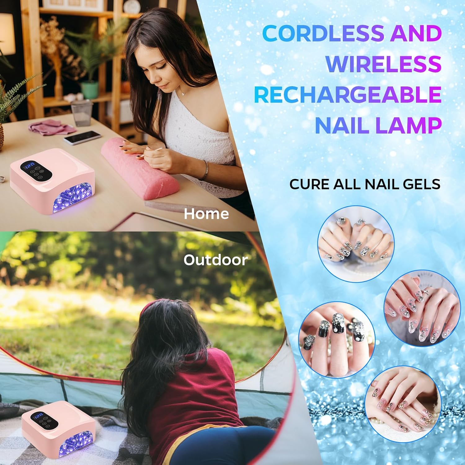 Lámpara de uñas LED UV inalámbrica, lámpara de uñas recargable de 72 W, secado rápido, secado rápido, luz de esmalte de gel profesional con 4