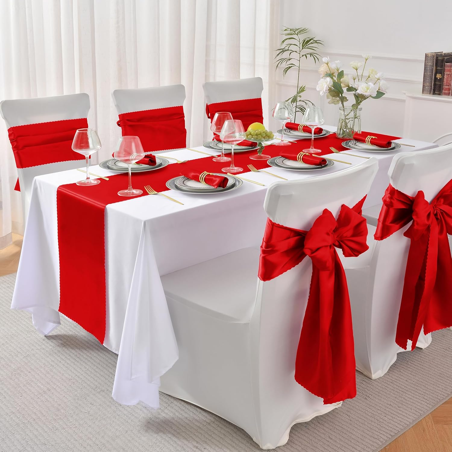Aormenzy 24 caminos de mesa de satén rojo de 12 x 108 pulgadas, caminos de mesa de boda sedosos, decoración de mesa elegante, caminos de mesa suaves