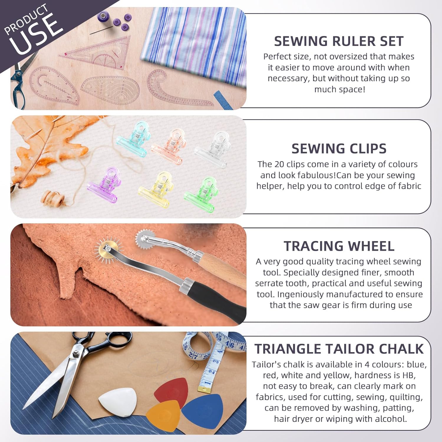 Swpeet Kit de regla de costura métrica transparente de 33 piezas con triangular, curva, regla de coma, clips de plástico de varios colores, tiza