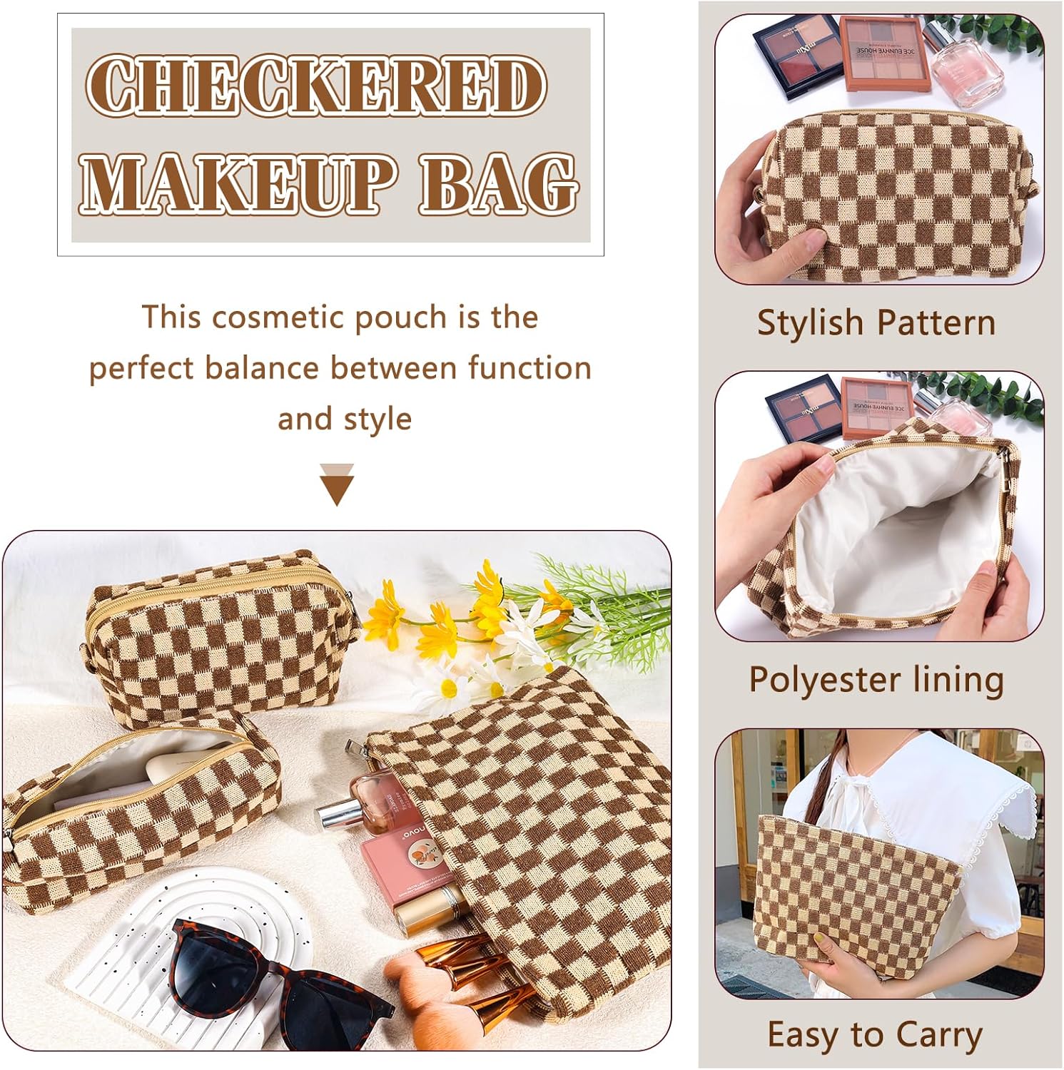 ZLFSRQ Bolsa de maquillaje a cuadros para mujer, juego de bolsa de cosméticos de gran capacidad, bolsa de maquillaje de viaje para bolso,