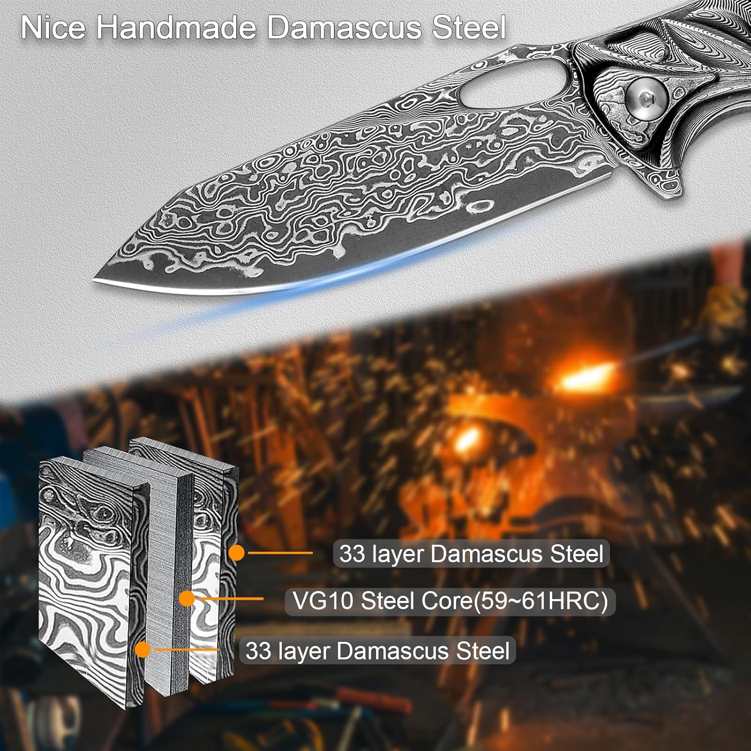 VNLA Exquisito cuchillo de bolsillo plegable de acero de Damasco Japón Praxis, cuchillo plegable de hoja VG10, con funda de cuero hecho a mano, clip