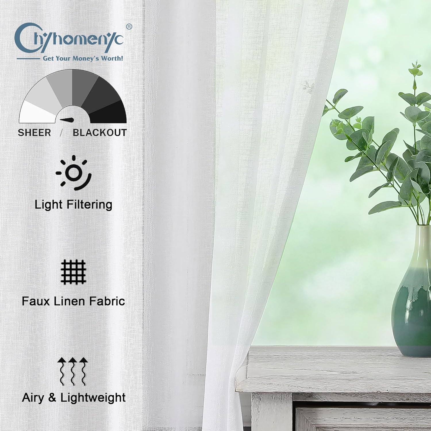 Chyhomenyc Dianna – Cortinas traslúcidas blancas de cocina de 36 pulgadas de largo, cortinas de arpillera con textura de lino sintético, cortinas
