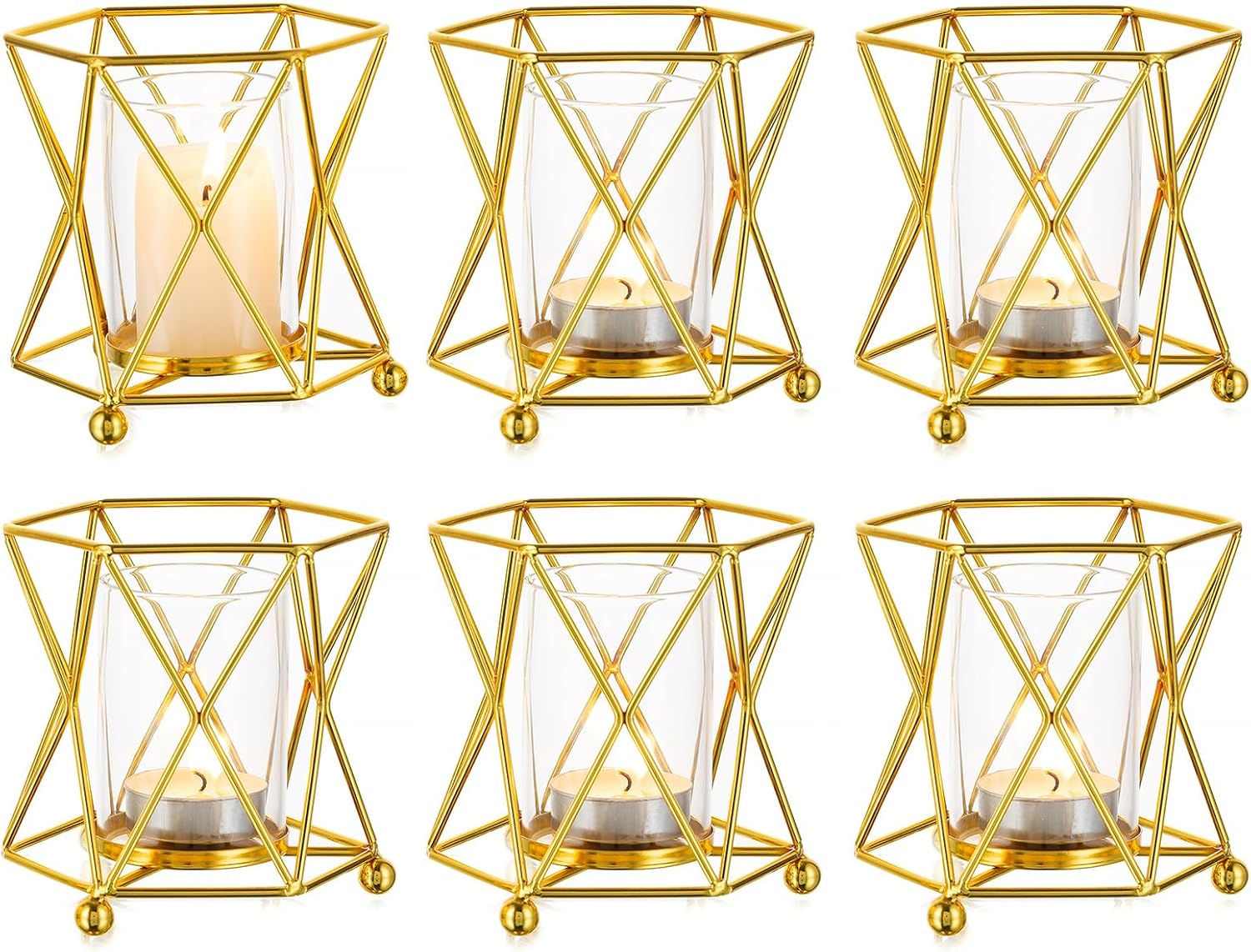 NUPTIO Portavelas geométricos dorados 6 piezas de mesa de té de boda con taza votiva de vidrio a granel moderno geométrico candelita portavelas para