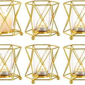 NUPTIO Portavelas geométricos dorados 6 piezas de mesa de té de boda con taza votiva de vidrio a granel moderno geométrico candelita portavelas para NUPTIO Portavelas geométricos dorados 6 piezas de mesa de té de boda con taza votiva de vidrio a granel moderno geométrico candelita portavelas para