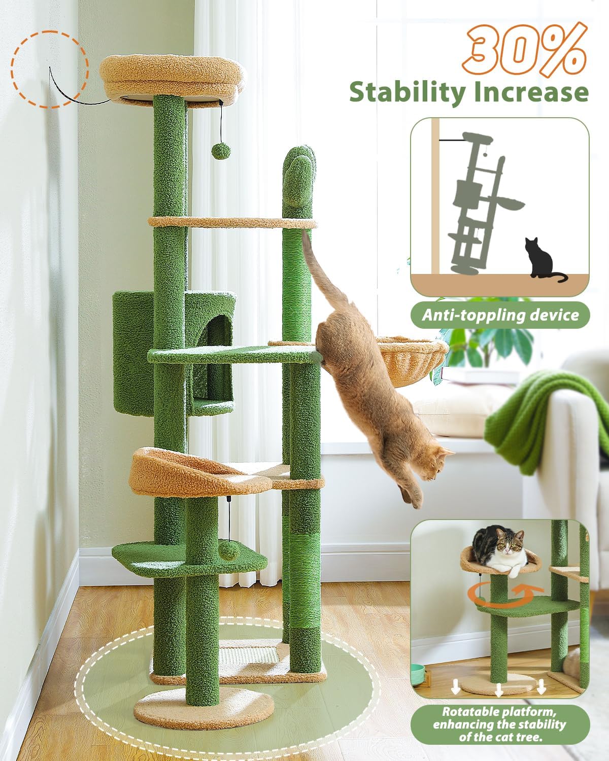 Árbol de cactus para gatos de 59 pulgadas, árbol grande para gatos de interior, torre para gatos grandes, torre para gatos de varios niveles,
