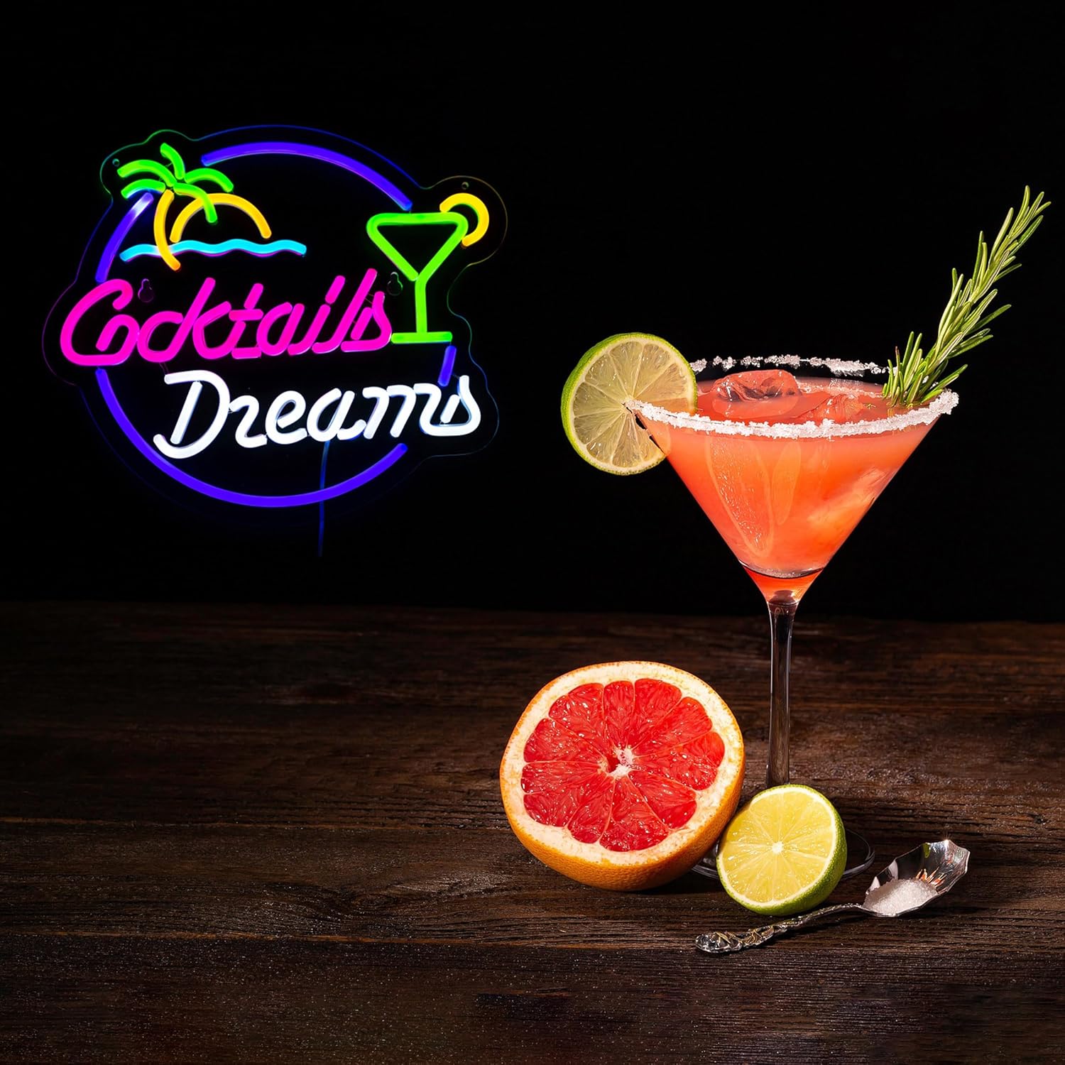 Letrero de neón con diseño de palmera de cocteles y sueños para decoración de pared, con interruptor regulable, letreros de neón LED para