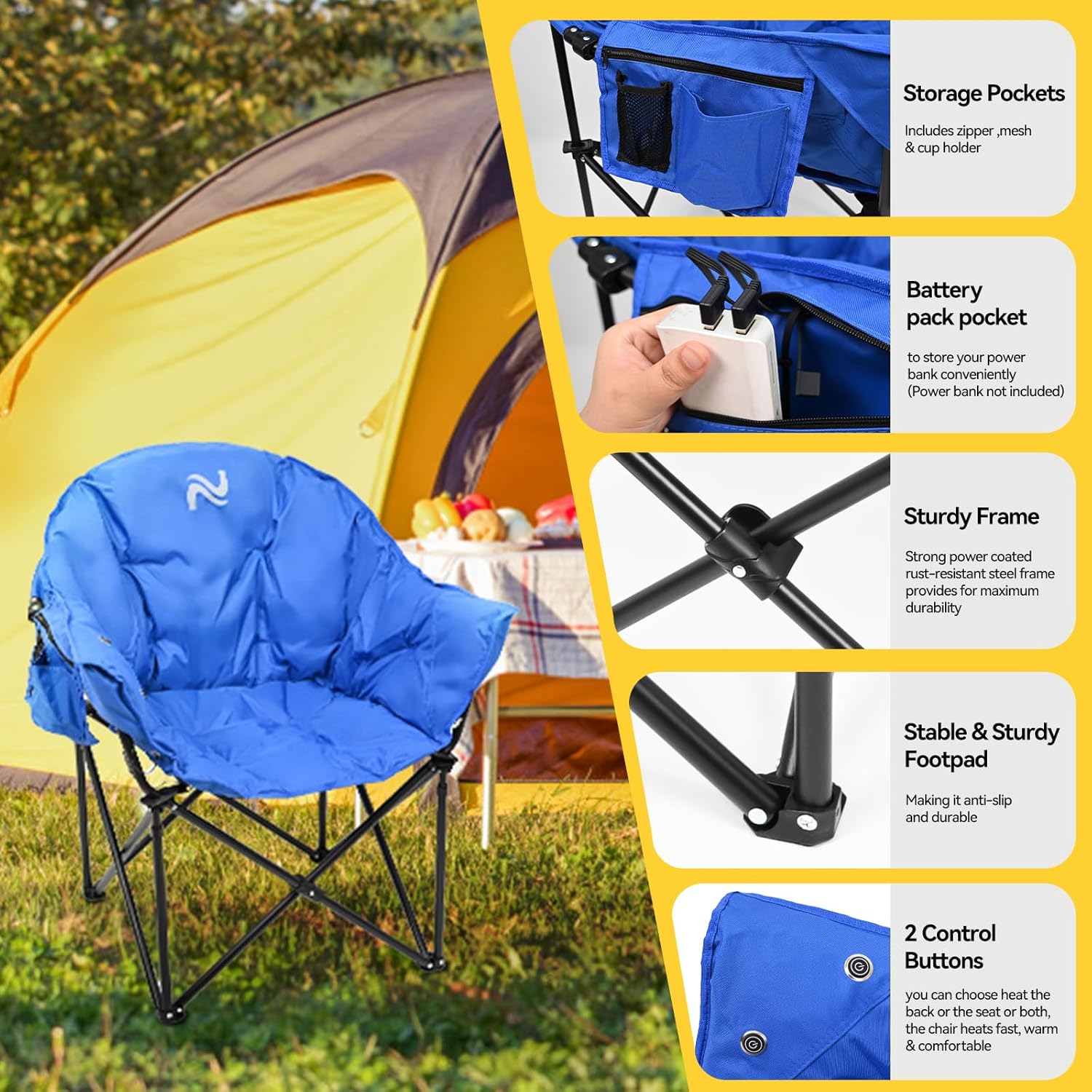NAIZEA Silla de camping con calefacción, sillas de patio con 3 niveles de calor, sillas plegables portátiles de camping, silla con platillo de luna,