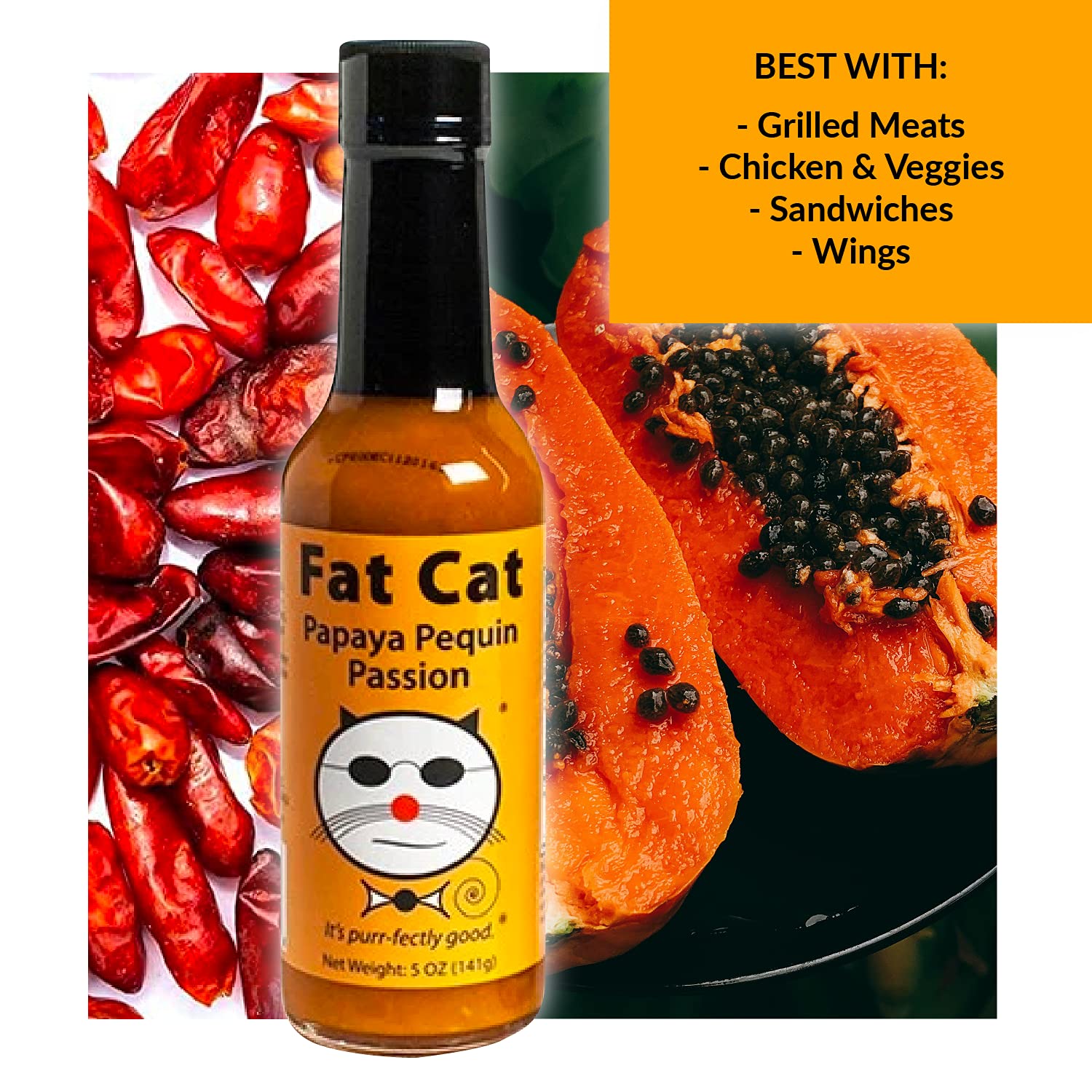 Papaya Pequin Passion Salsa picante natural de Fat Cat Gourmet  Salsa de frutas inspirada en el Caribe para mariscos, verduras, cerdo, aves de