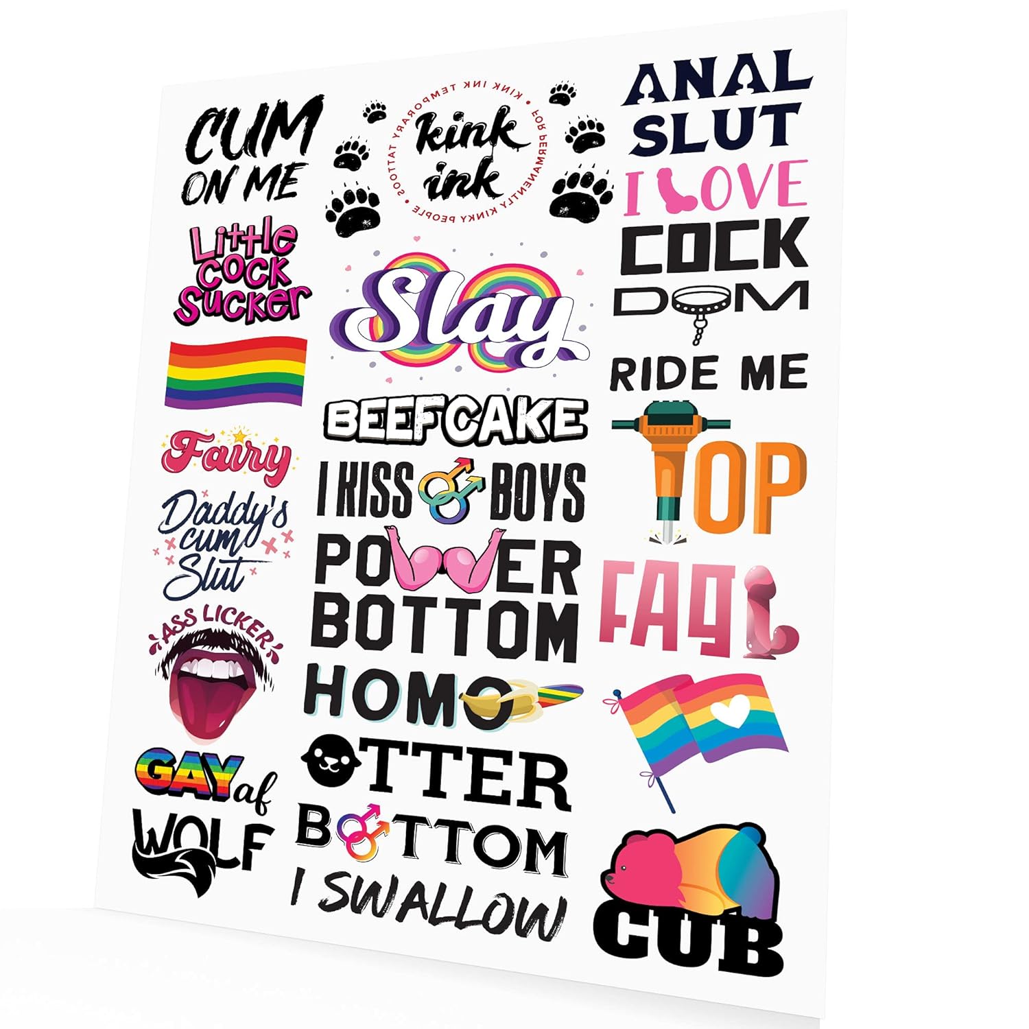 24 calcomanías rizadas con palabras y frases de tatuaje temporal masculino gay LGBTQ+