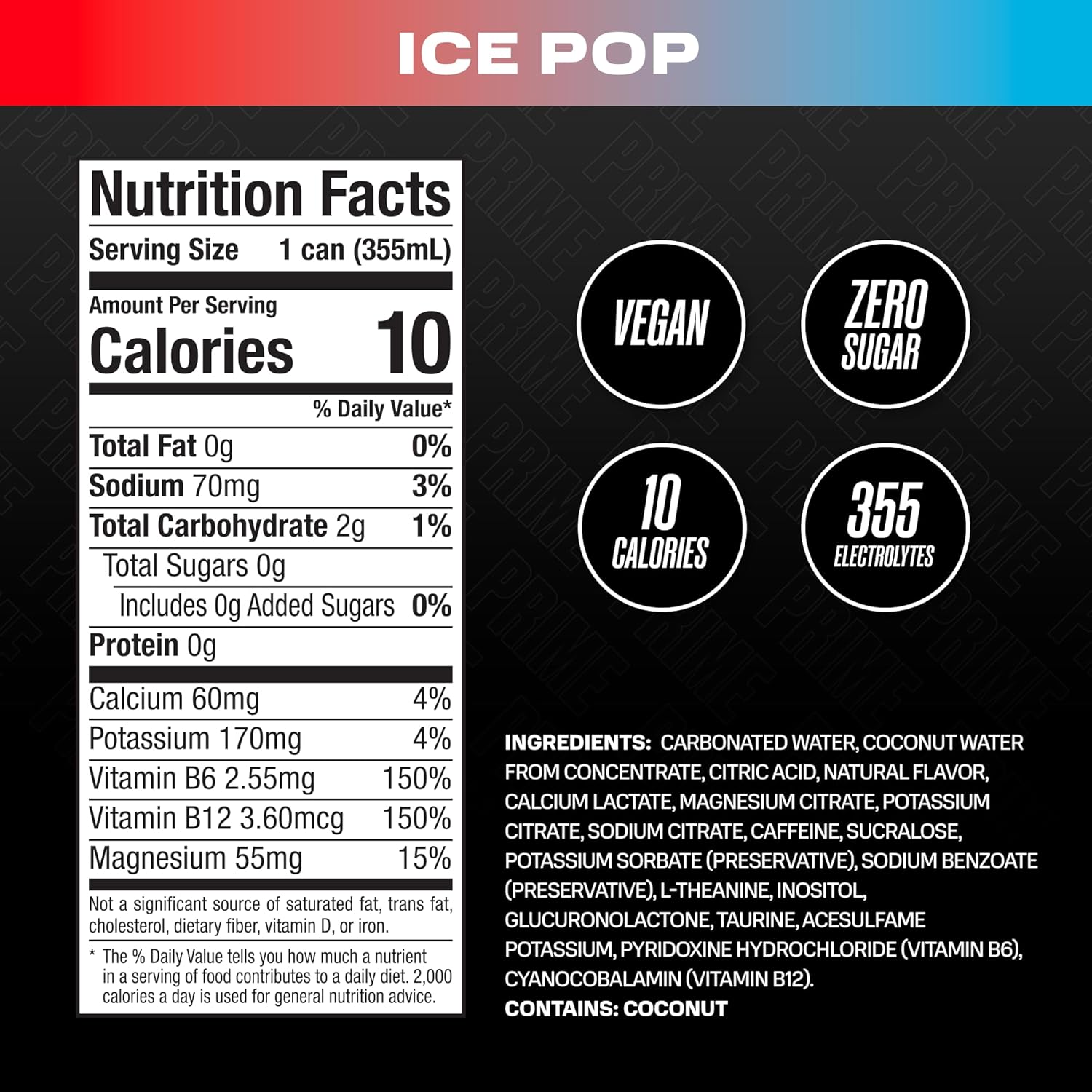 PRIME Energy ICE POP  Bebida energética sin azúcar  Energía preentrenamiento  200 mg de cafeína con 355 mg de electrolitos y agua de coco para