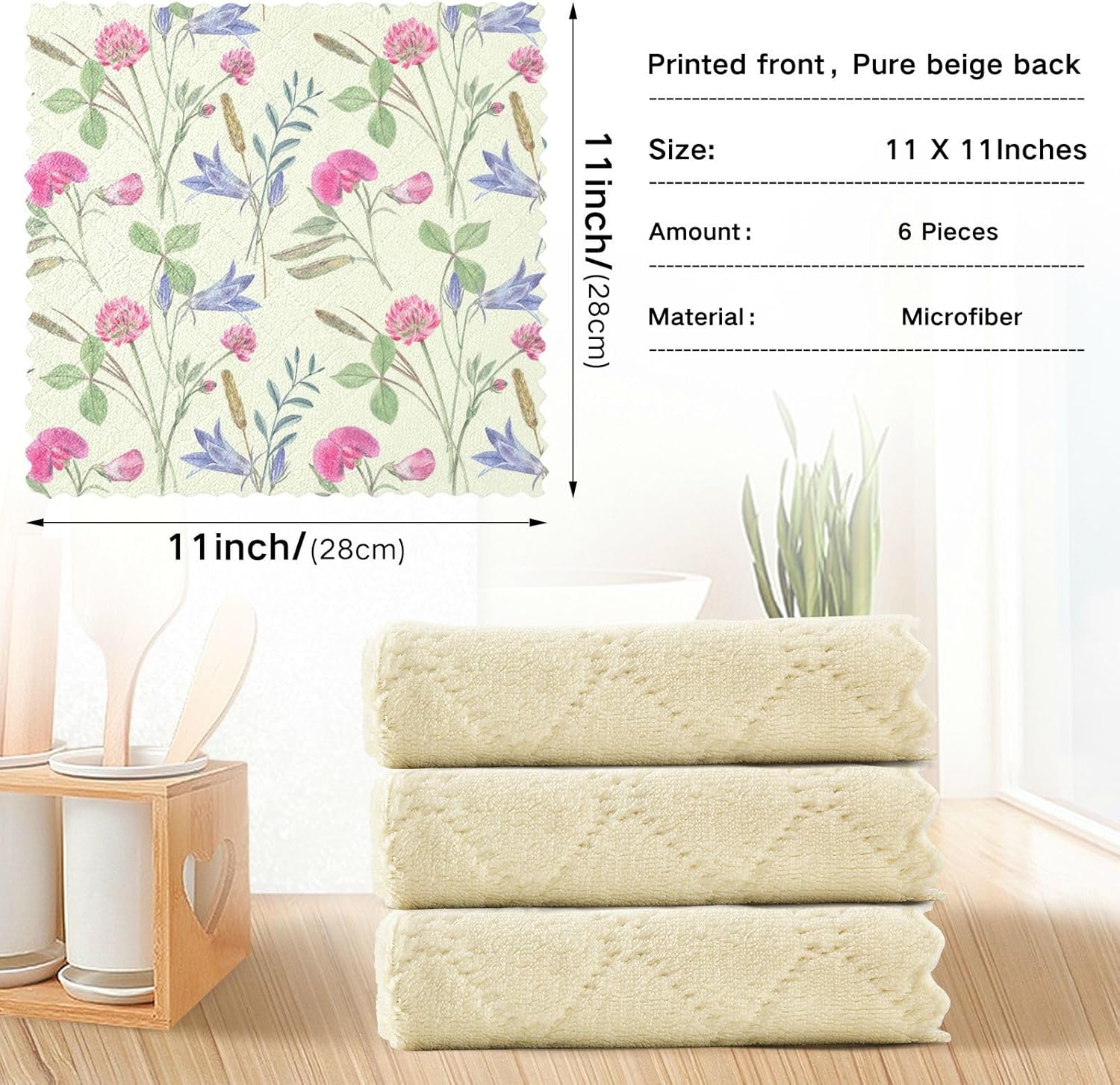 Pink Purple Wildflowers Industrial Cotton Print Microfiber Kitchen Towels Fast Drying Set of 6 Microfiber Absorbant Towel for Countertop