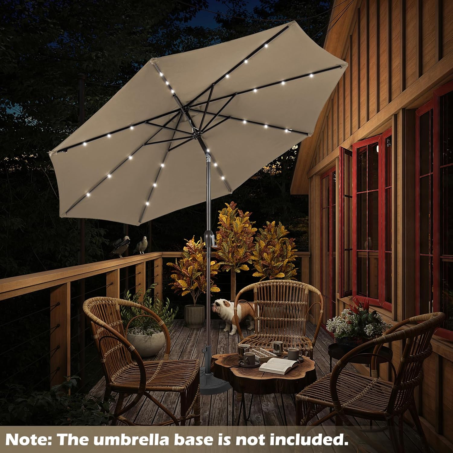 Giantex Sombrilla de patio al aire libre de 9 pies10 pies con luces solares, sombrilla de mercado de mesa con manivela y sistema de inclinación de