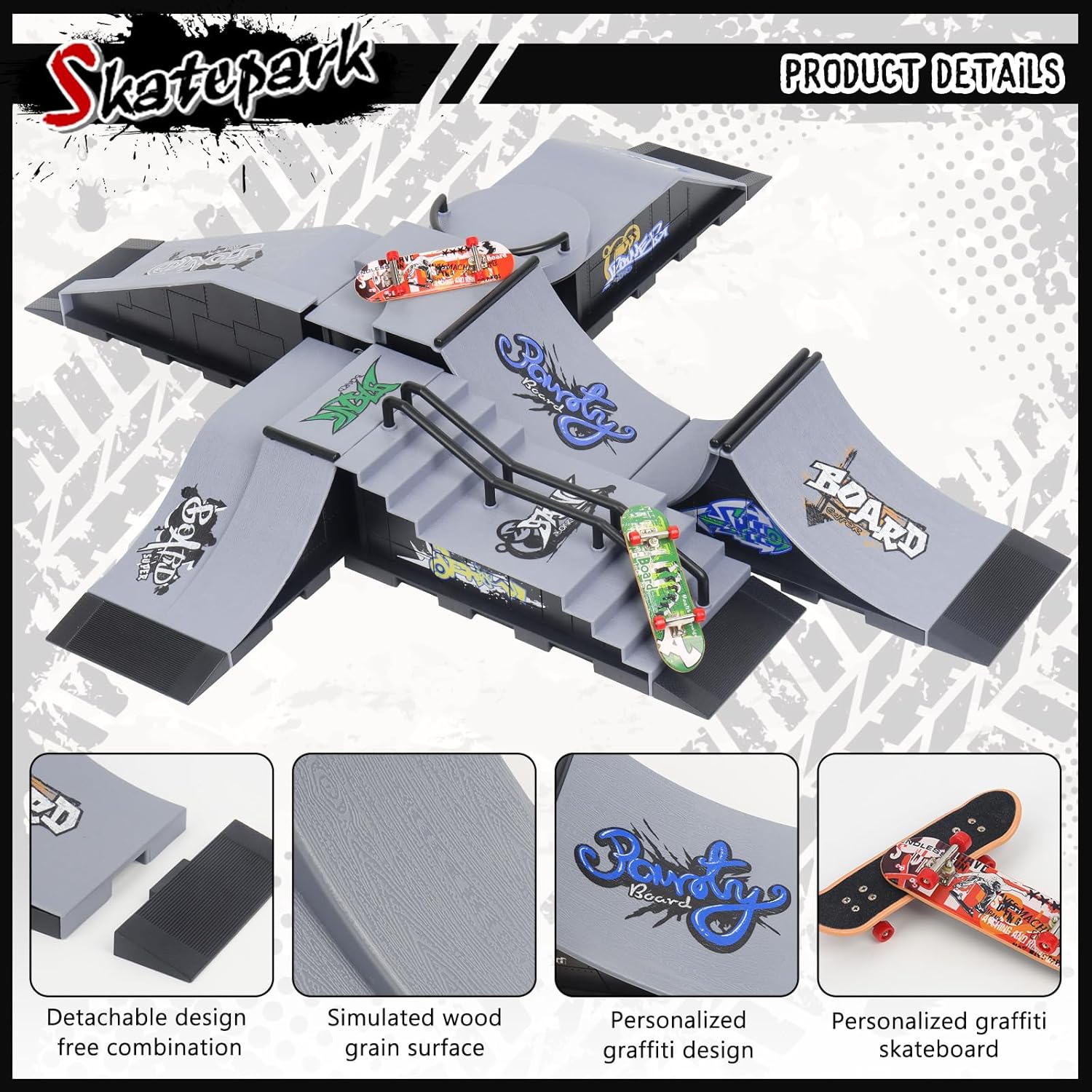 CS COSDDI Juego de rampa para patinetas de dedo, kit de riel de mini diapasón con 6 patinetas, 6 rampas de diapasón, juguete interavtivo para dedos