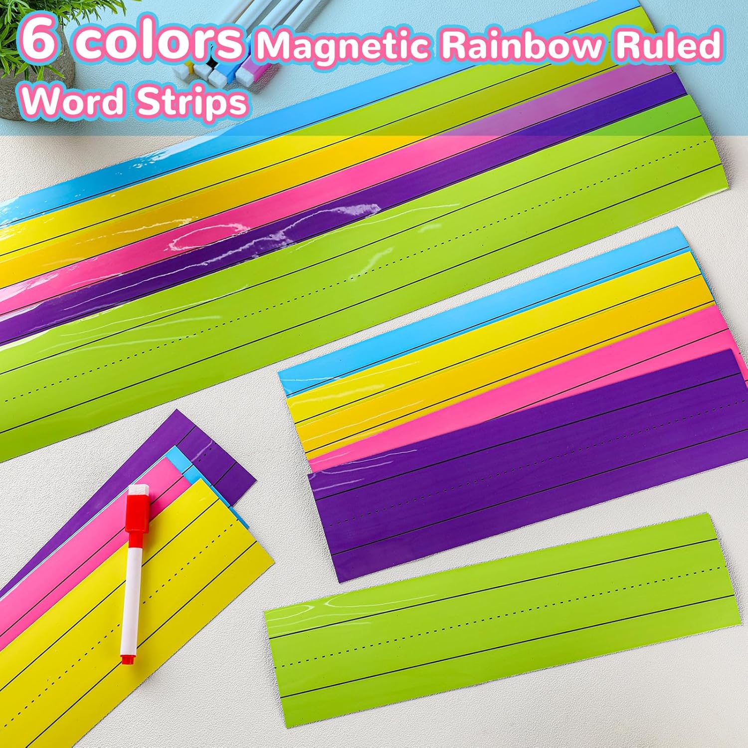 SATINIOR 24 tiras magnéticas de frases de 3 x 12 pulgadas, 3 x 24 pulgadas, 6 colores, tiras magnéticas con rayas de arco iris, tiras magnéticas