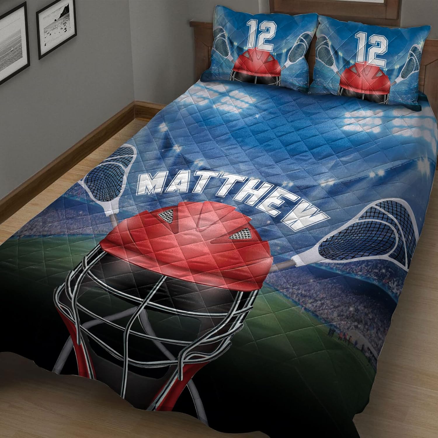 OhaPrints Juego de ropa de cama y fundas de almohada con casco de Lacrosse personalizado, regalo para fanáticos del jugador de estadio, color azul,