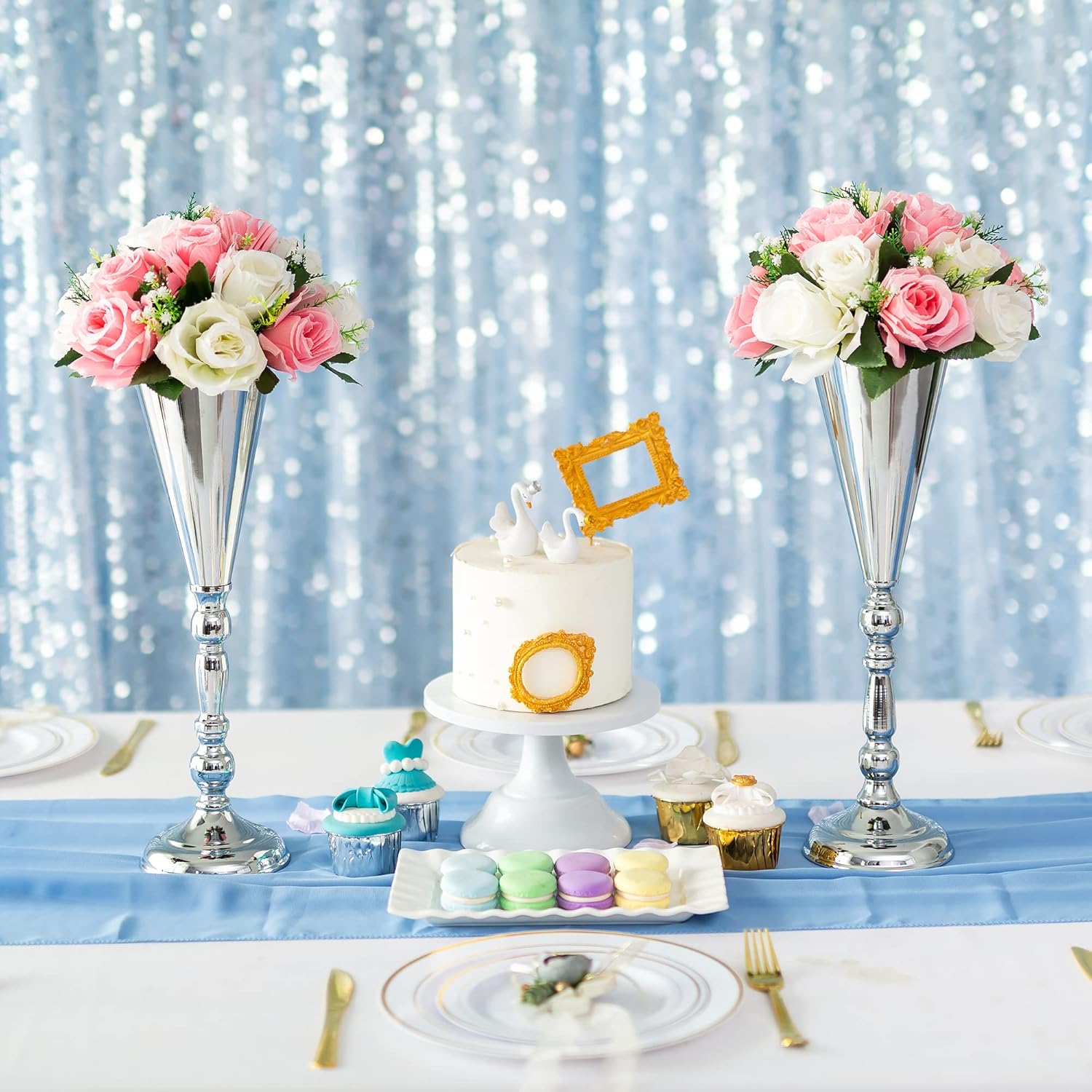 Inweder Jarrón plateado, decoración de mesa de centro de mesa, paquete de 2 soportes de metal para flores, decoraciones de boda para recepción,