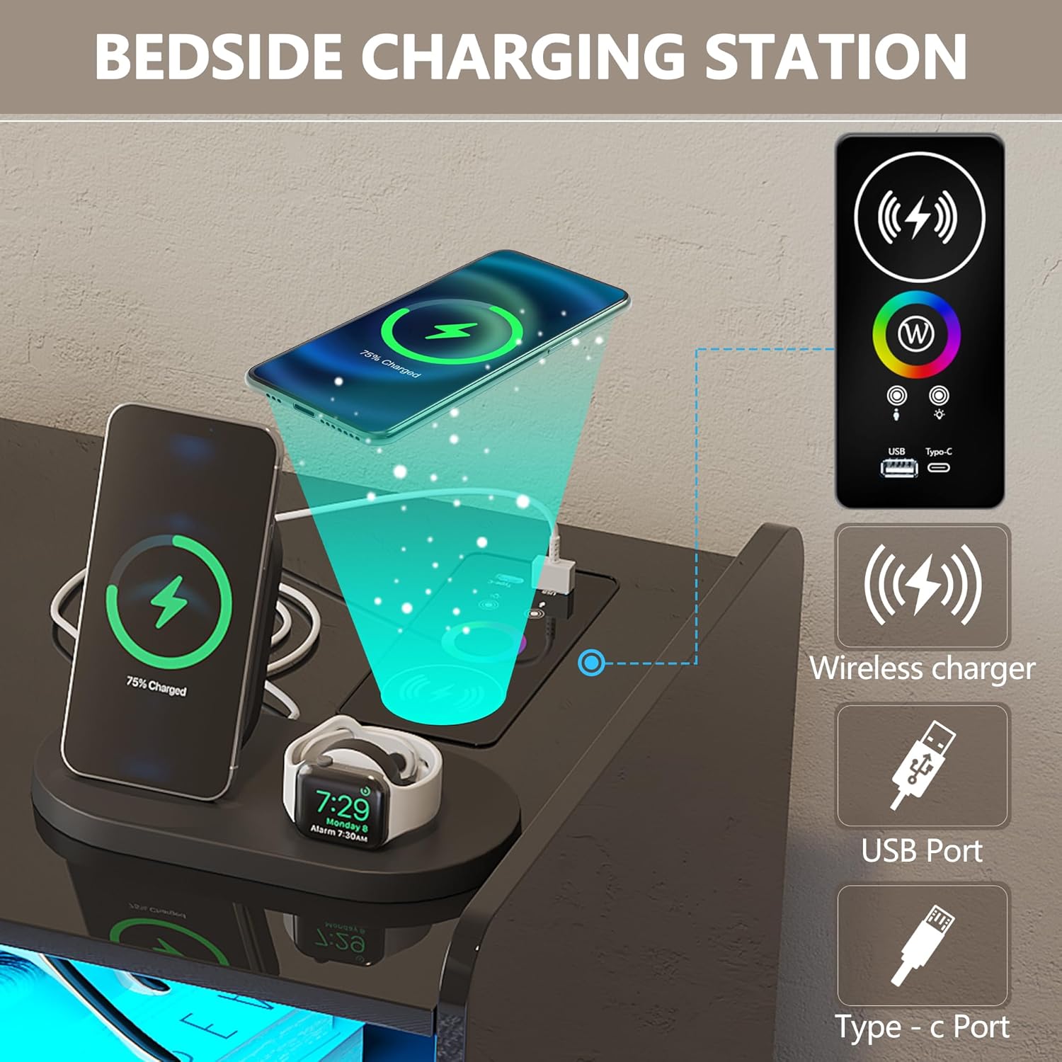 dnbss Mesita de noche RGB con estación de carga, moderna mesita de noche con cajones de almacenamiento de joyas, mesita de noche inteligente para