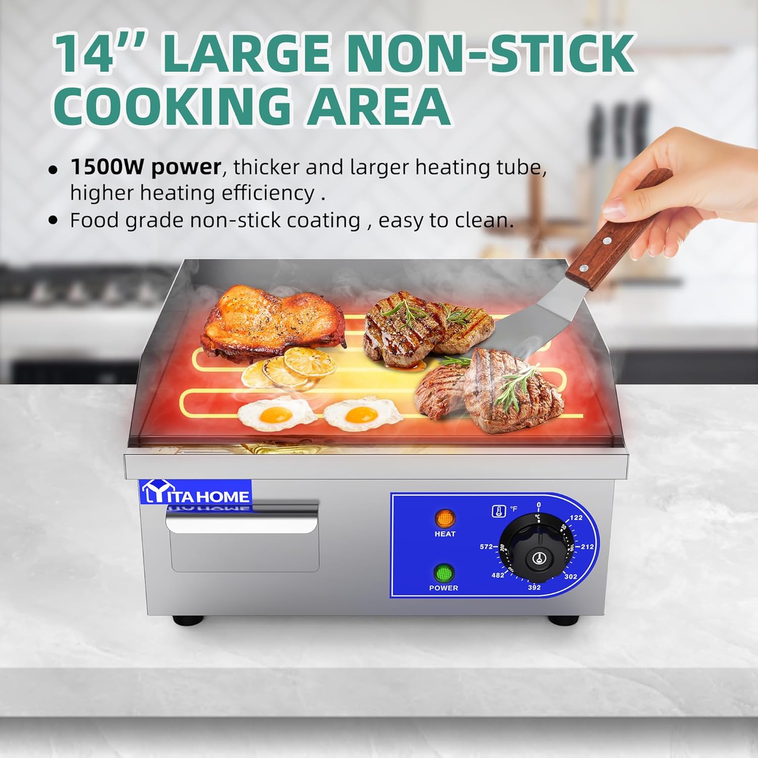 YITAHOME Plancha eléctrica comercial de 14 pulgadas con mango de resorte, plancha comercial de 1500 W, parrilla Teppanyaki comercial antiadherente