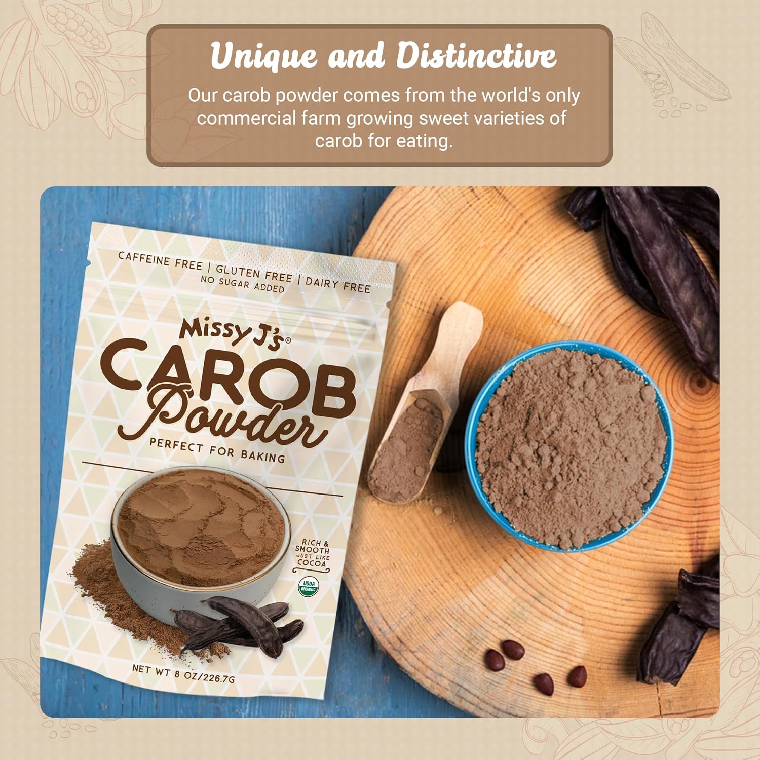 Missy Js – Polvo de algarrobo tostado orgánico de 8 onzas, 1 paquete, hecho de algarroba, vegano y sin gluten, sustituto saludable sin cafeína para