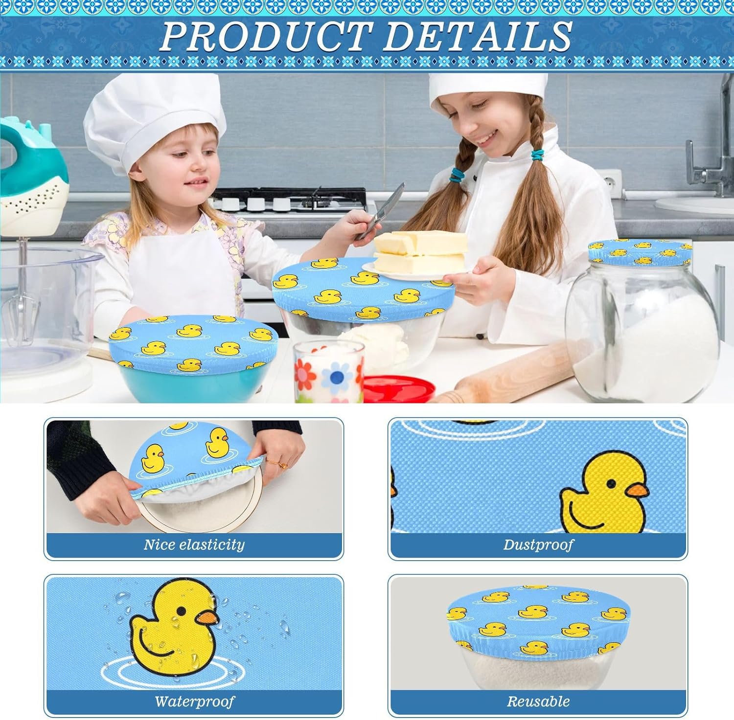 Duck 5PCS Reusable Elastic Bowl Covers for Food Storage Stretch Cloth Fabric Lids with 5 Different Sizes Heat Resistant Food Lids for Fruits