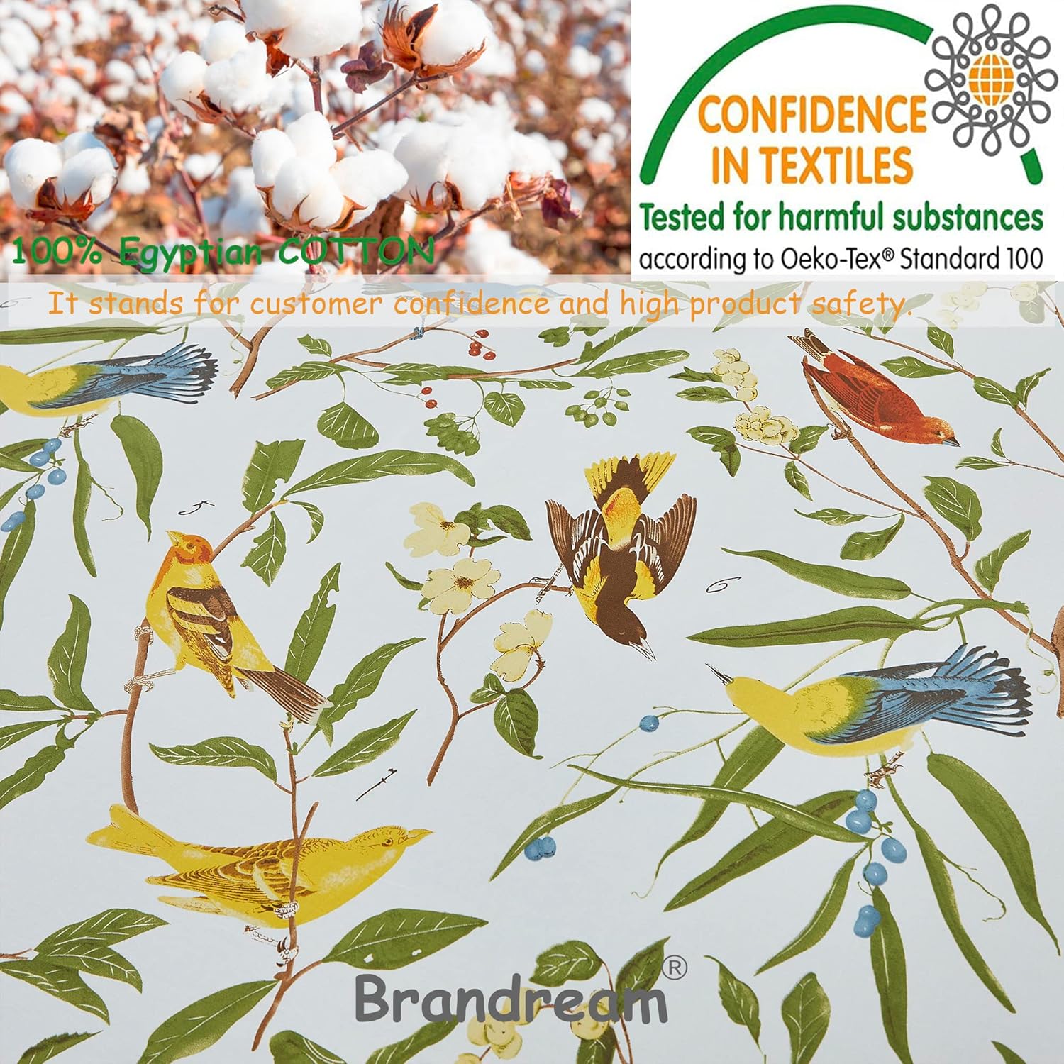 Brandream Juego de sábanas de lujo con diseño de pájaros florales orientales, 800 hilos, 100% algodón egipcio, bolsillo profundo, color blanco,