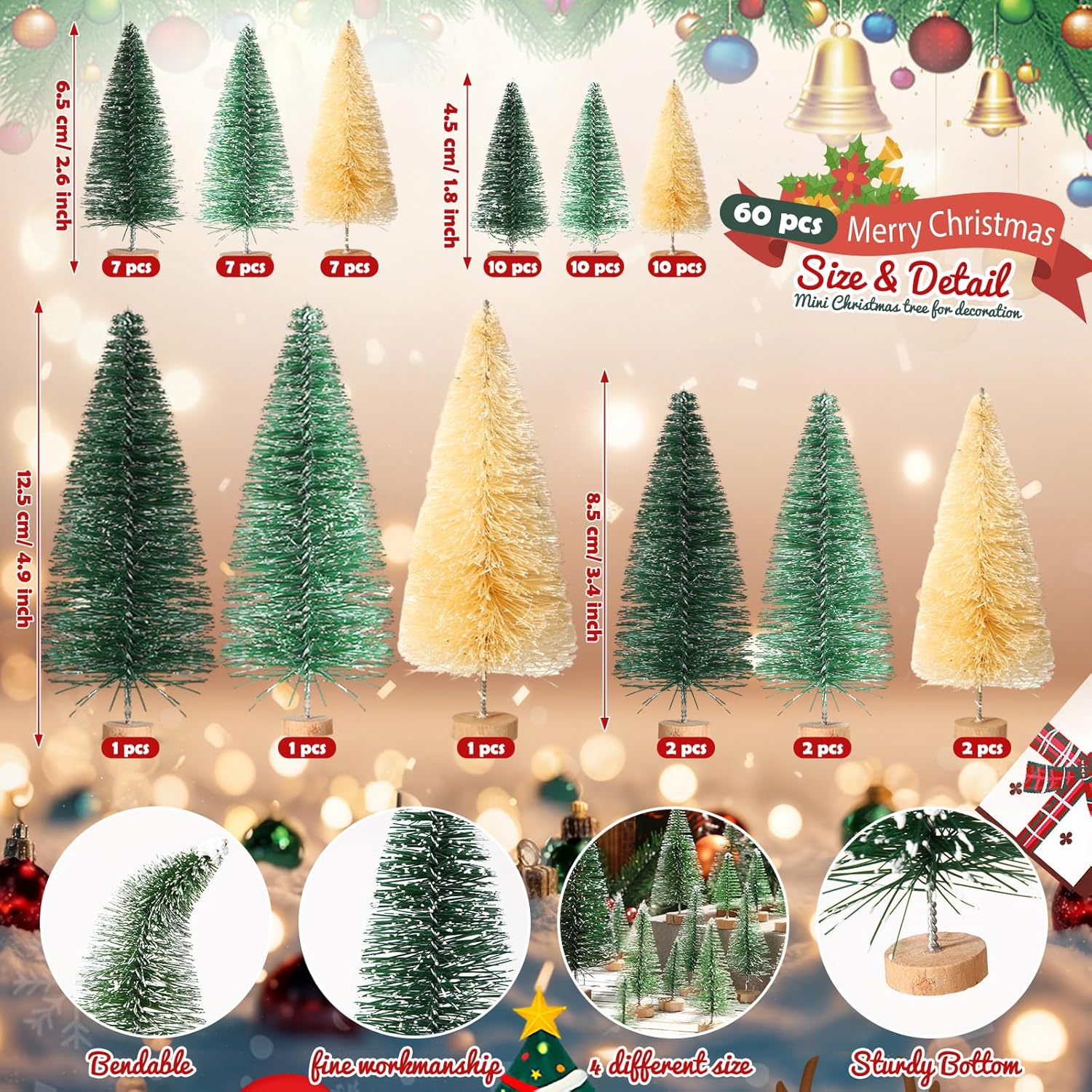 SATINIOR 60 piezas de mini árbol de Navidad artificiales de sisal para árboles de nieve, cepillos para botellas, árboles de Navidad, adornos de