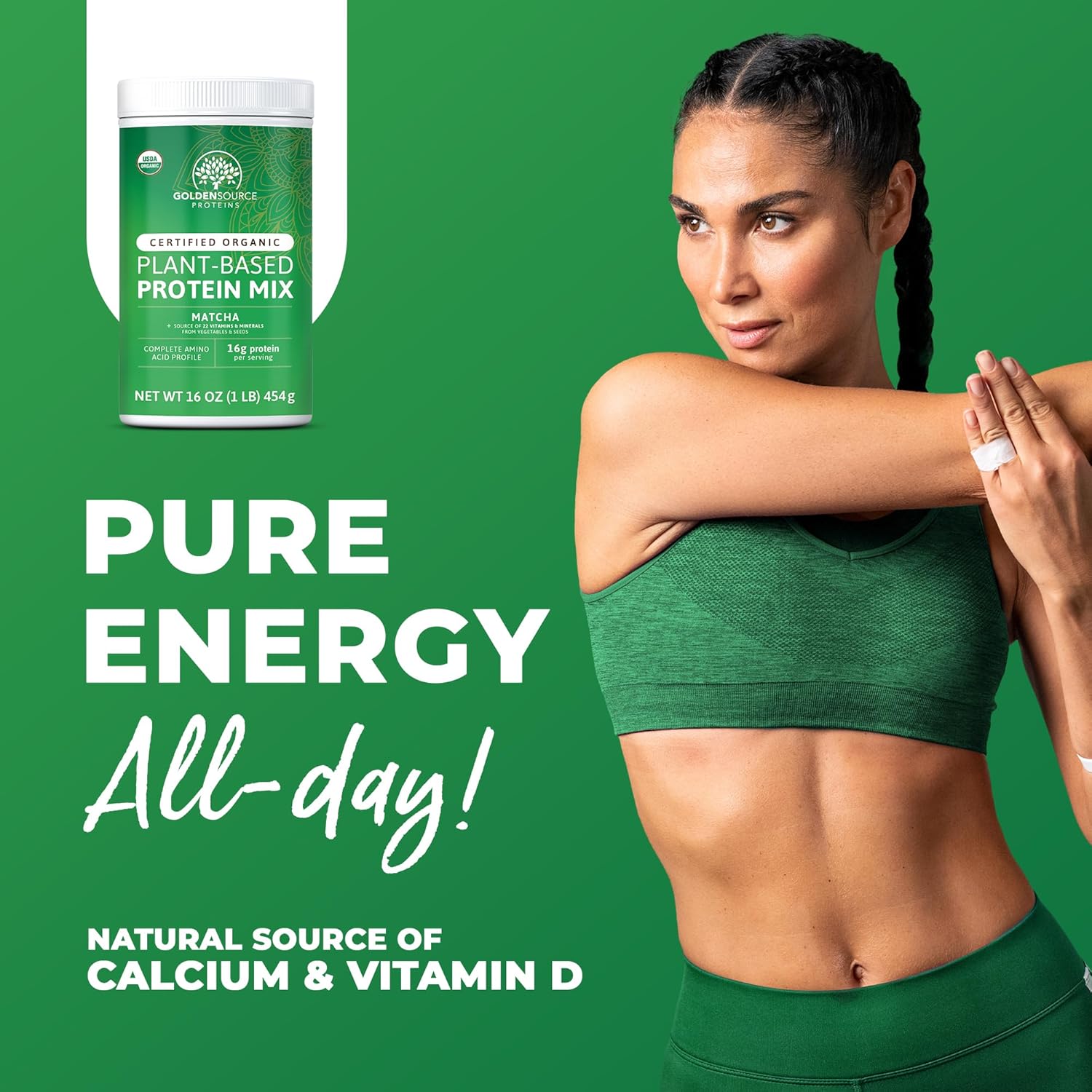 GoldenSource Proteins, proteína orgánica a base de plantas, matcha, 1 libra, 18 porciones, 22 vitaminas y minerales, perfil completo de aminoácidos,