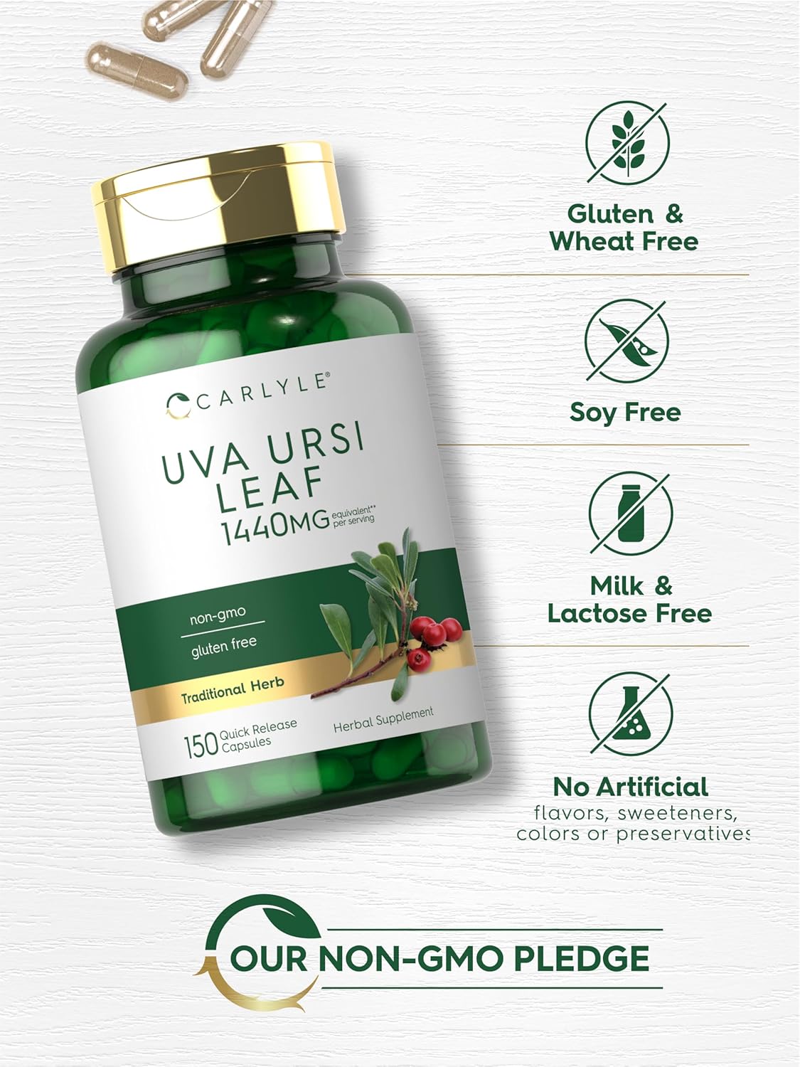 Carlyle Uva Ursi Cápsulas  1440 mg  150 unidades  Extracto de hoja de hierbas  Sin OMG  Suplemento sin gluten