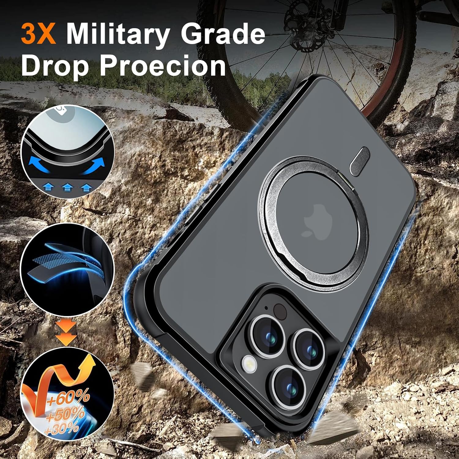 ZJMTOCYU Funda con anillo giratorio de 360 para iPhone 14 Pro Max, soporte invisible y soporte de anillo, compatible con MagSafe, protección militar