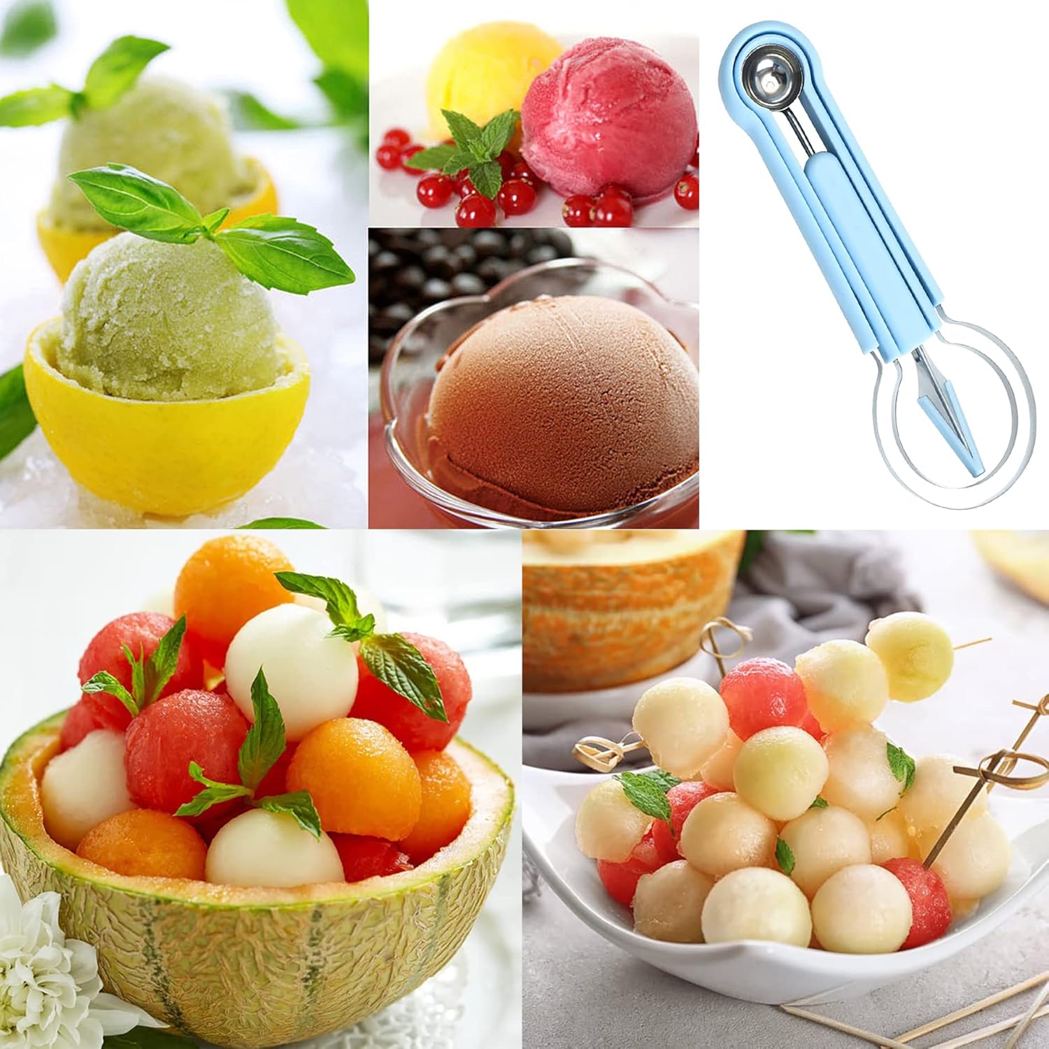 Esmartlife Juego de cucharas de melón, juego de cuchillos profesional de acero inoxidable 4 en 1, herramientas para tallar frutas, cuchara de frutas