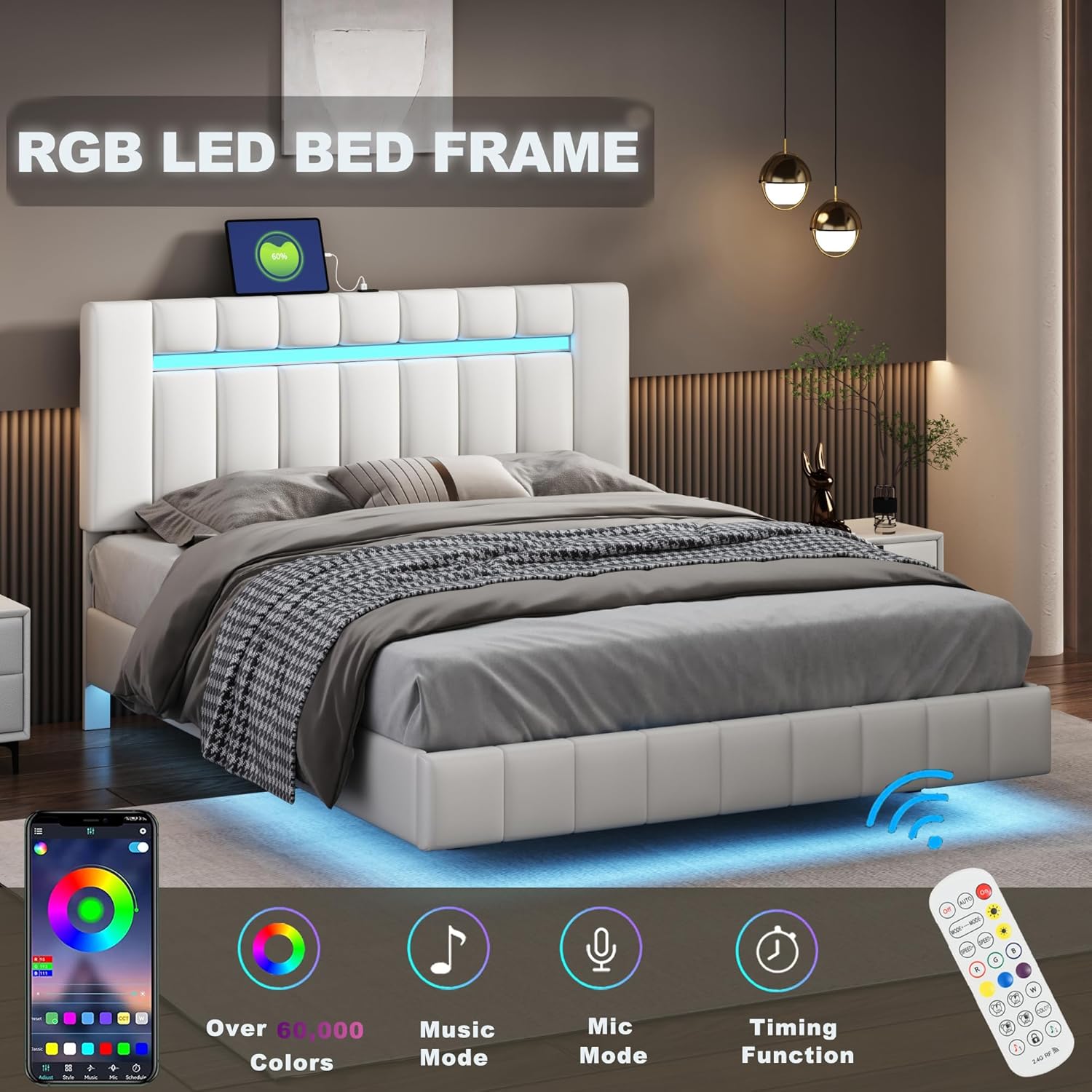 Linique Marco de cama flotante tamaño Queen con luces LED y carga USB, moderno marco de cama LED tapizado de poliuretano tamaño Queen, color blanco