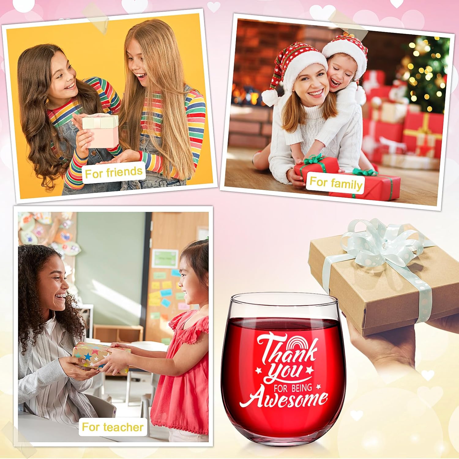 Tioncy 6 copas de vino inspiradoras sin tallo de 12 onzas, regalos de agradecimiento para mujeres, agradecimiento por ser increíble, regalo de