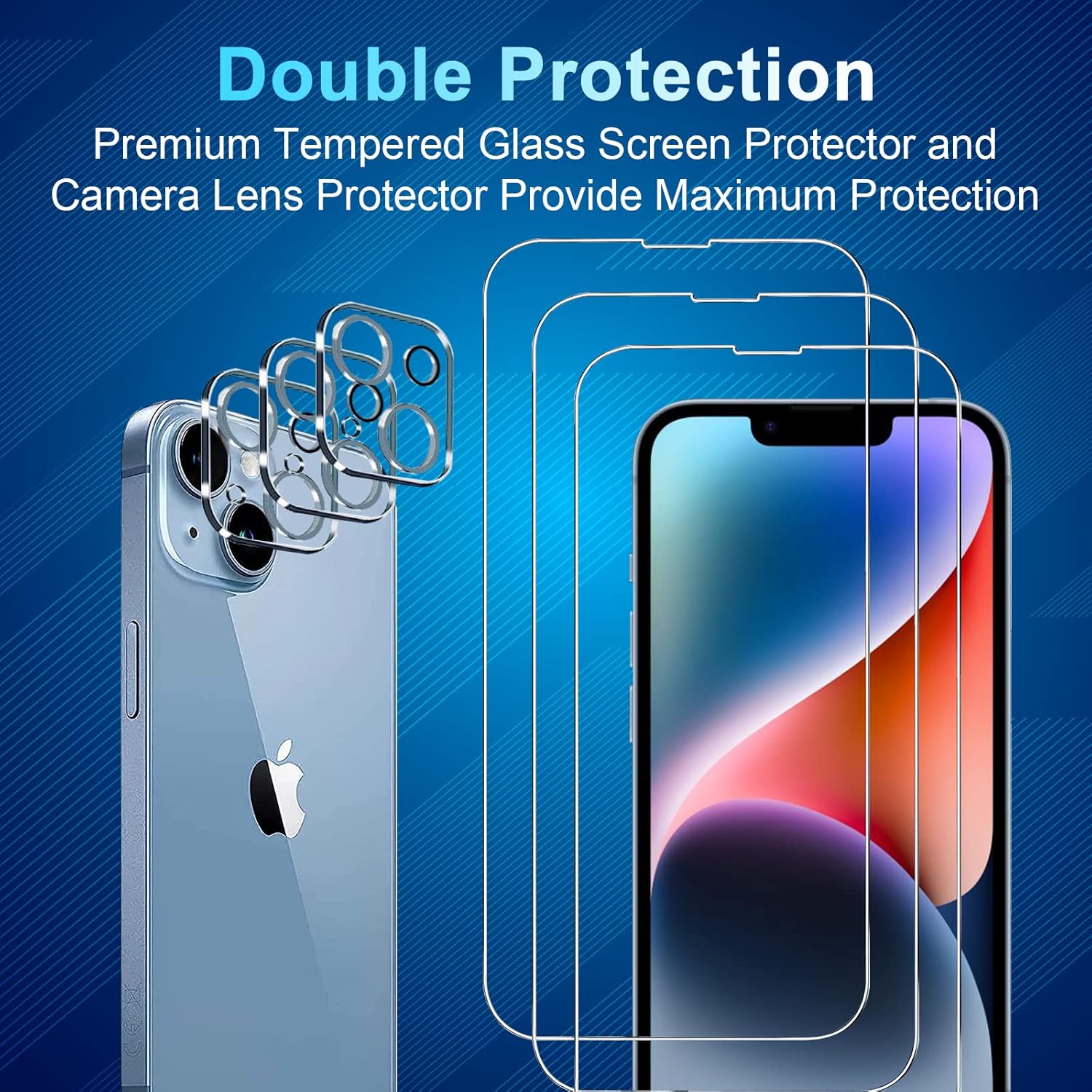 Paquete de 3+3 Protector de pantalla de vidrio templado para iPhone 14, protector de pantalla de lente de cámara con marco de alineación, sensible