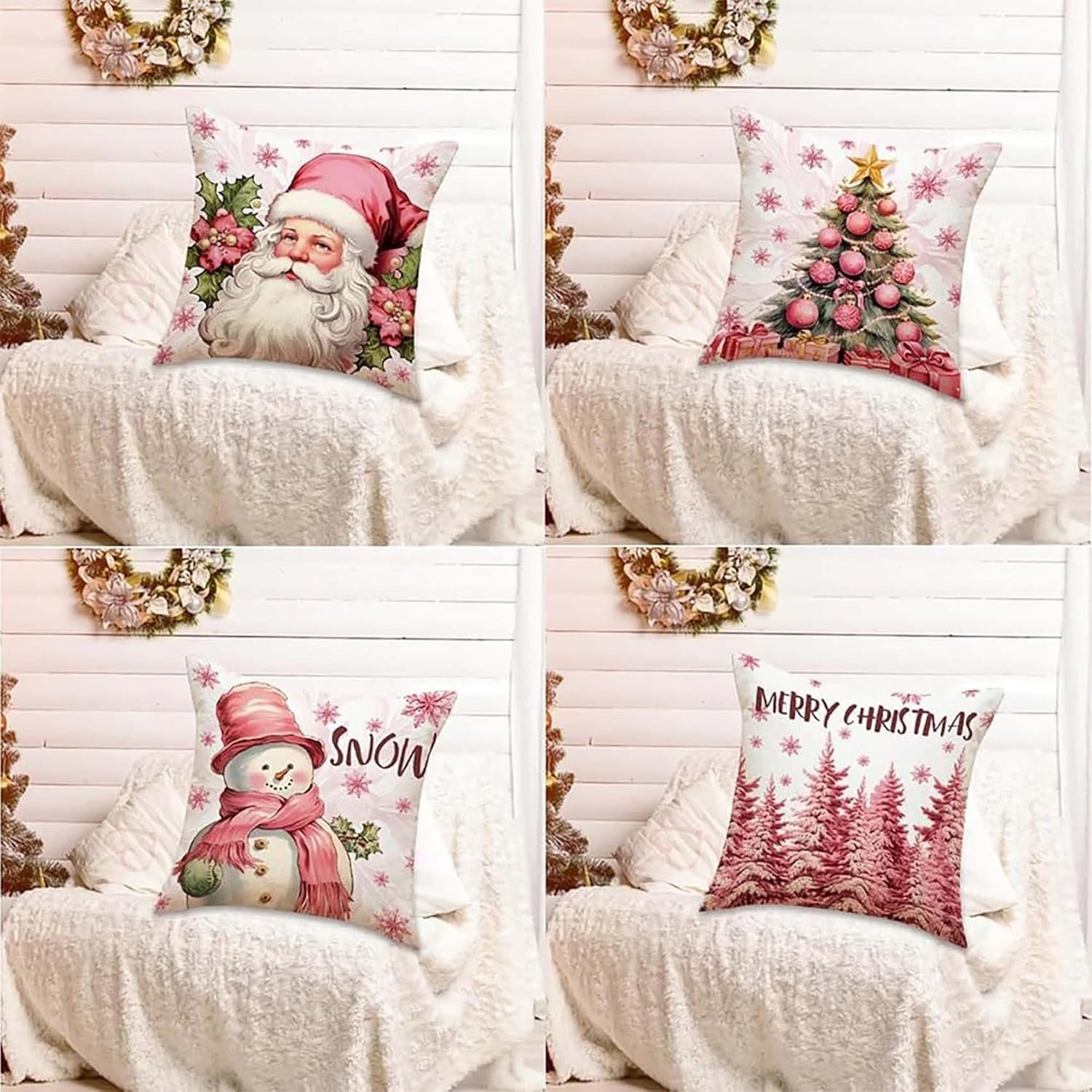 NZTGVR Fundas de almohada rosas de Navidad, impresión de letras de lino, decoración de vacaciones, almohadas decorativas de Navidad, funda de cojín