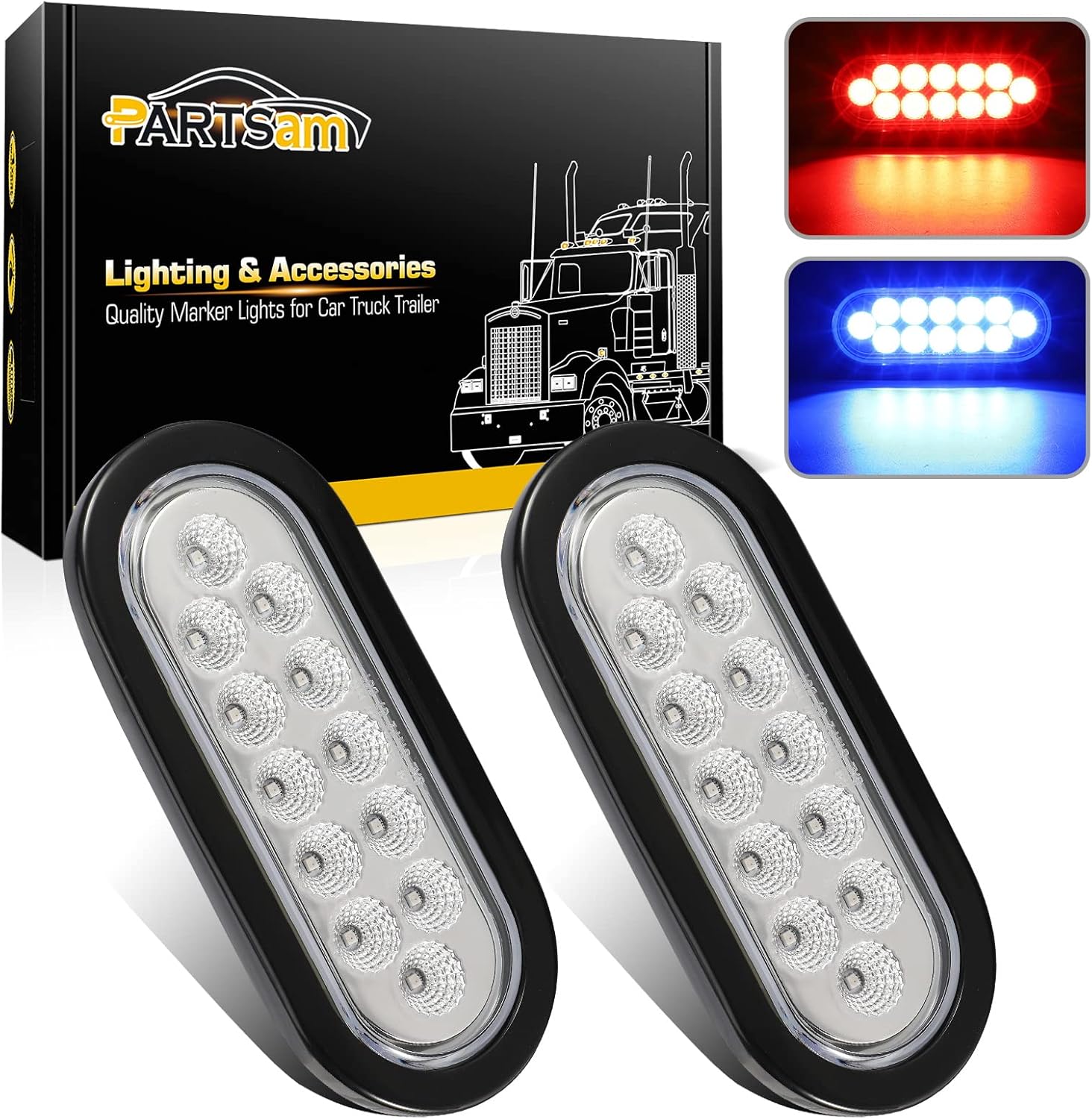 Partsam Juego de 2 luces traseras ovaladas rojas de 6.7 pulgadas y luces auxiliares azules, 12 diodos con ojales de goma y 3 clavijas, luces