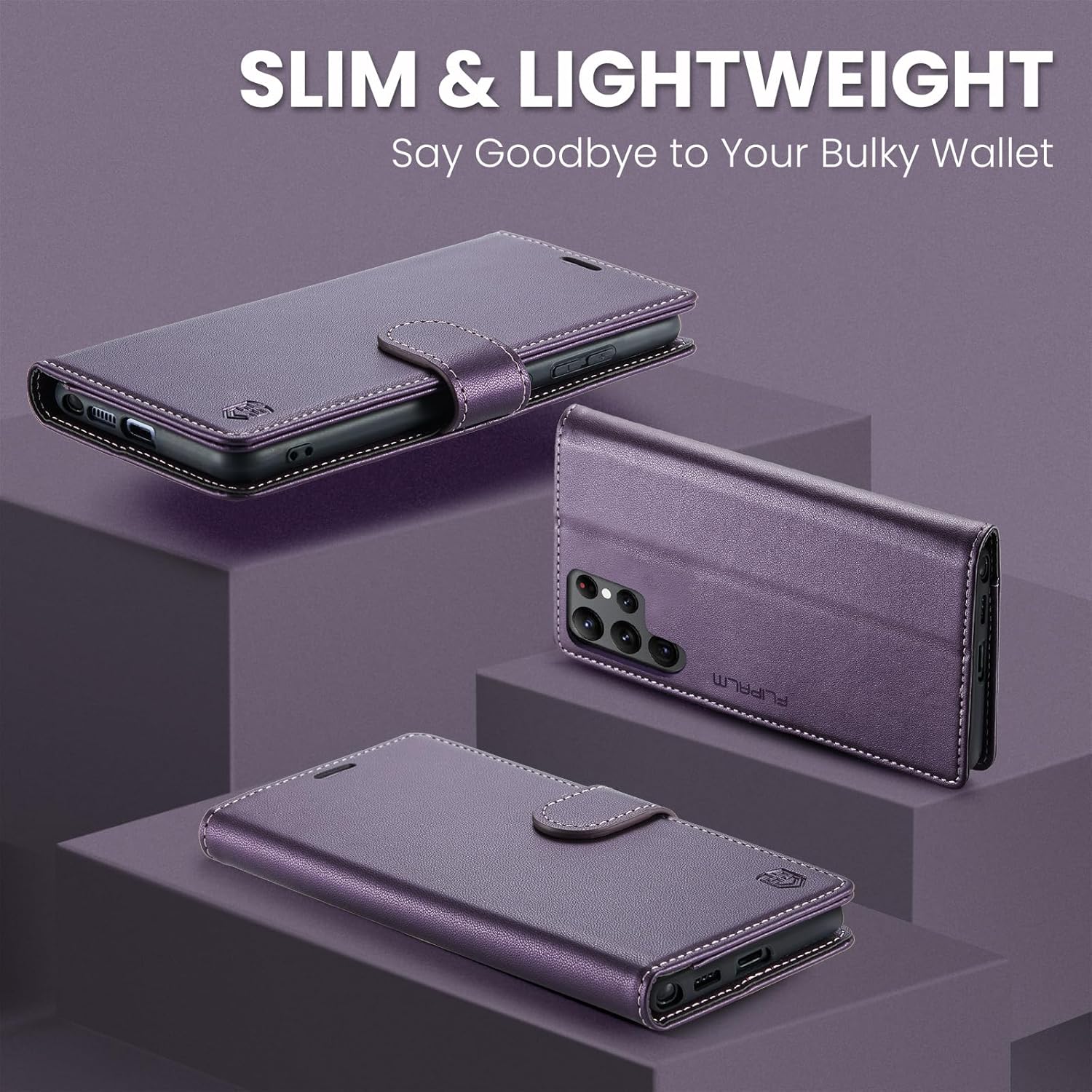 Funda tipo cartera para Samsung Galaxy S22 Ultra con bloqueo RFID, soporte para tarjeta de crédito, de piel sintética, función atril, funda