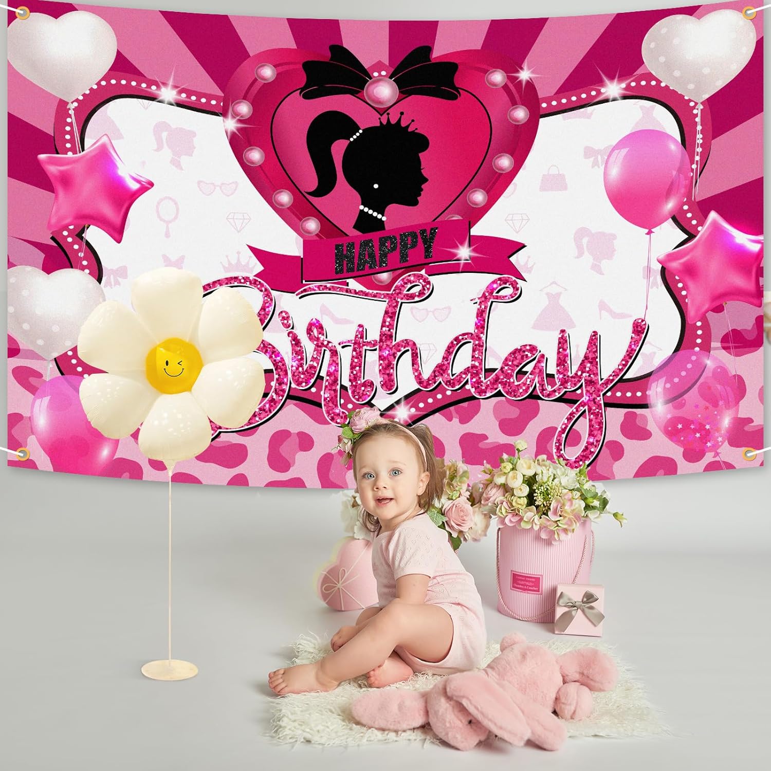 Cartel de fondo de cumpleaños de niña rosa con texto en inglés Happy Birthday con temática de princesa, suministros de decoración de fotografía para