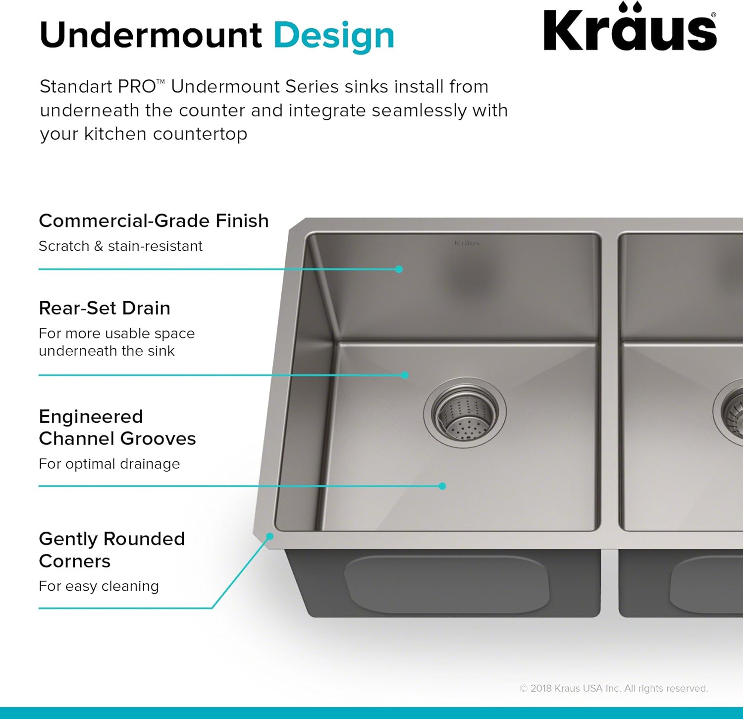 Kraus Standard PRO KHU102-33 – Fregadero de cocina acero inoxidable de 33in y 16g, con doble pila de distribución 50 y 50 para montar bajo encimera