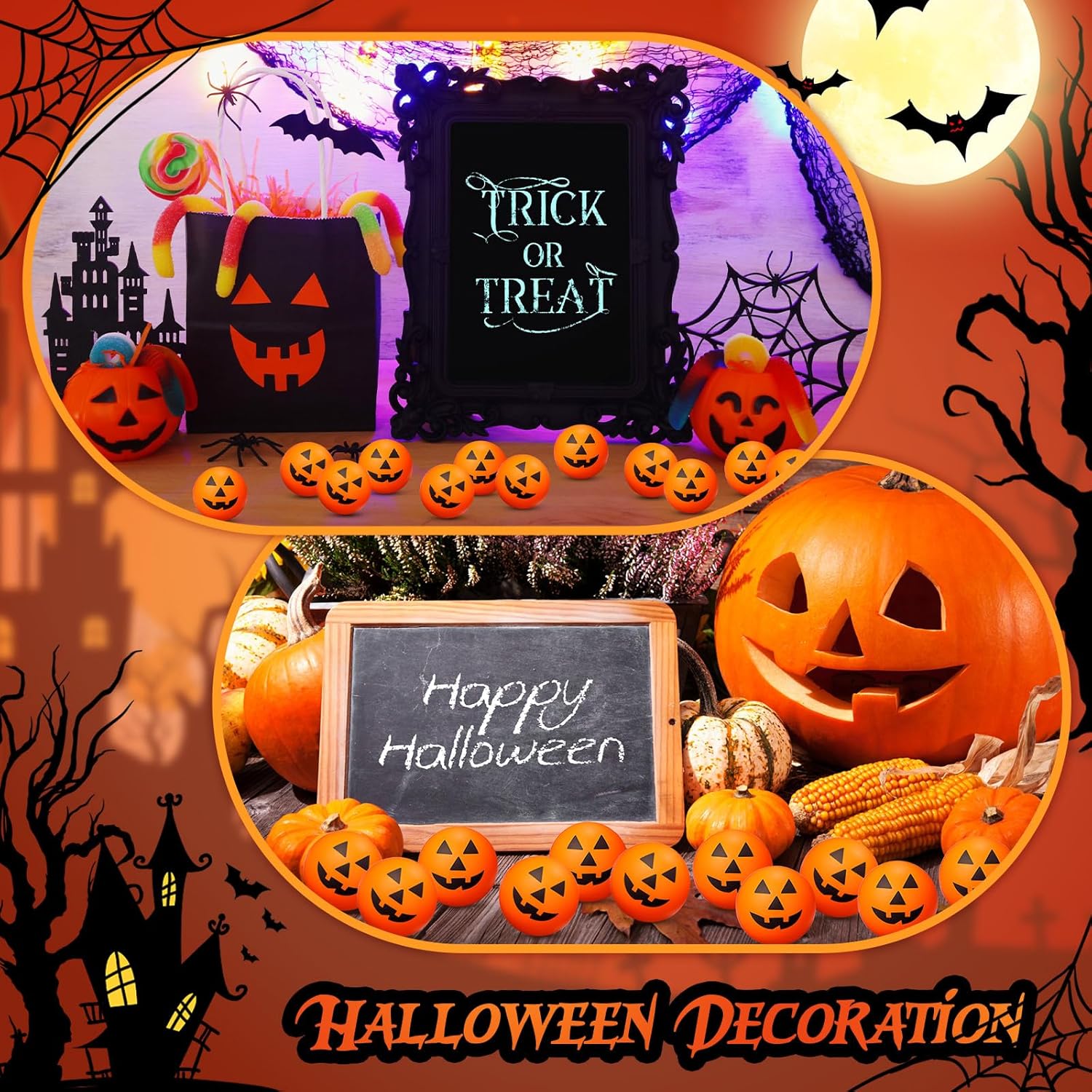 Jerify 50 mini bolas antiestrés de calabaza, bolas de estrés de Halloween de 1.57 pulgadas, pequeñas bolas de espuma de Halloween para suministros