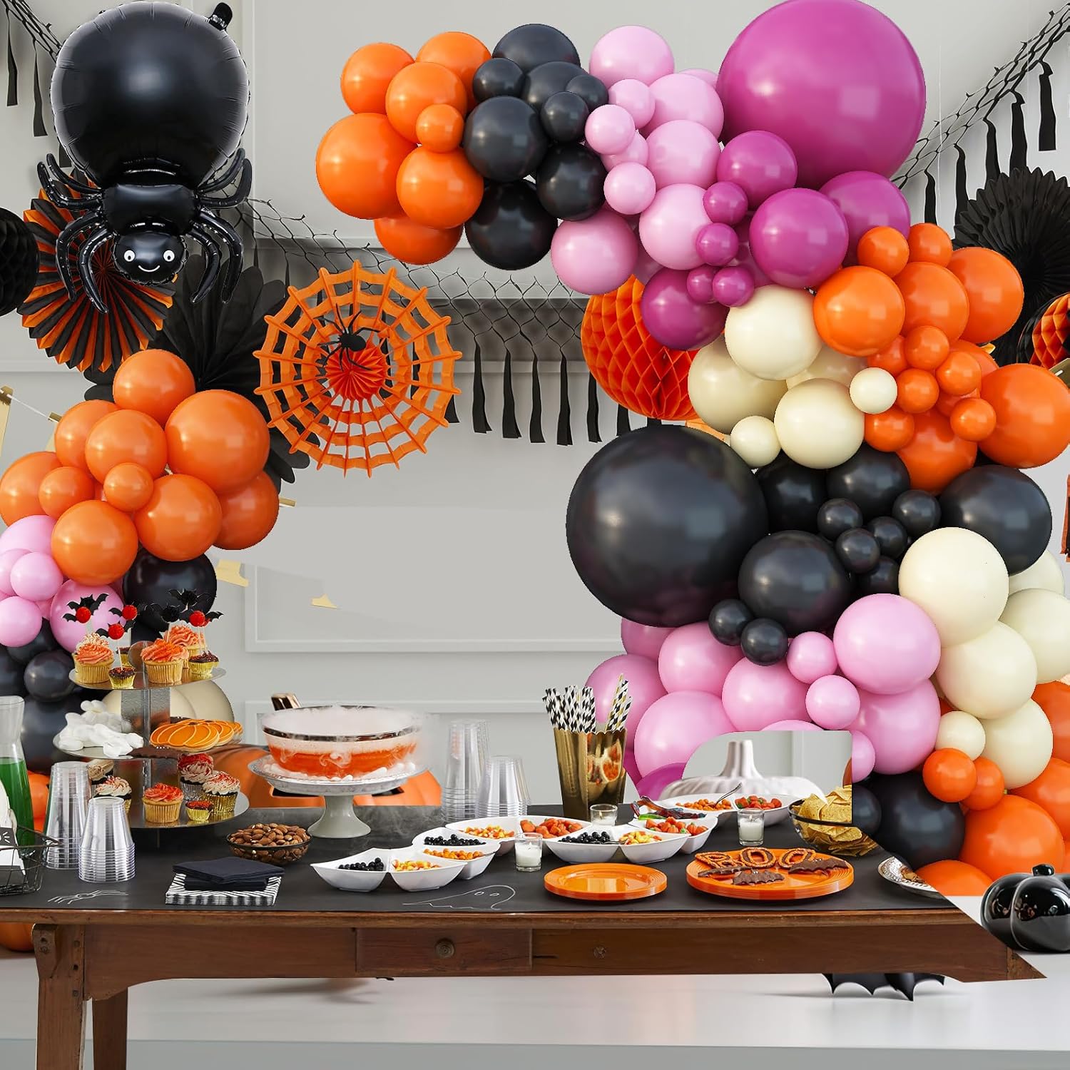 Kit de guirnalda de globos de Halloween, kit de arco de globos de Halloween negro, naranja, rosa, con globo amarillo pastel, araña, fantasma,