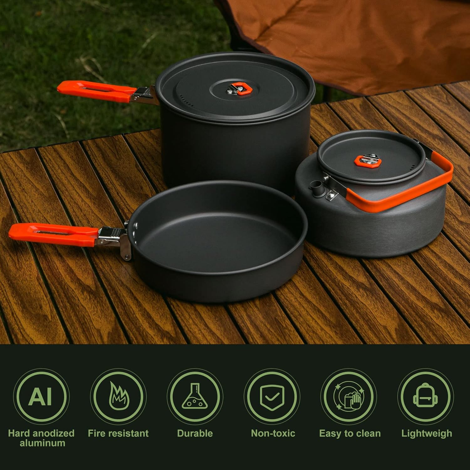Odoland Camping Cookware Mess Kit, Camping Cooking Pot Fry Pan and 1.1L Kettle Set, Portable Camping Cookware Set with Mesh Bag for Camping,