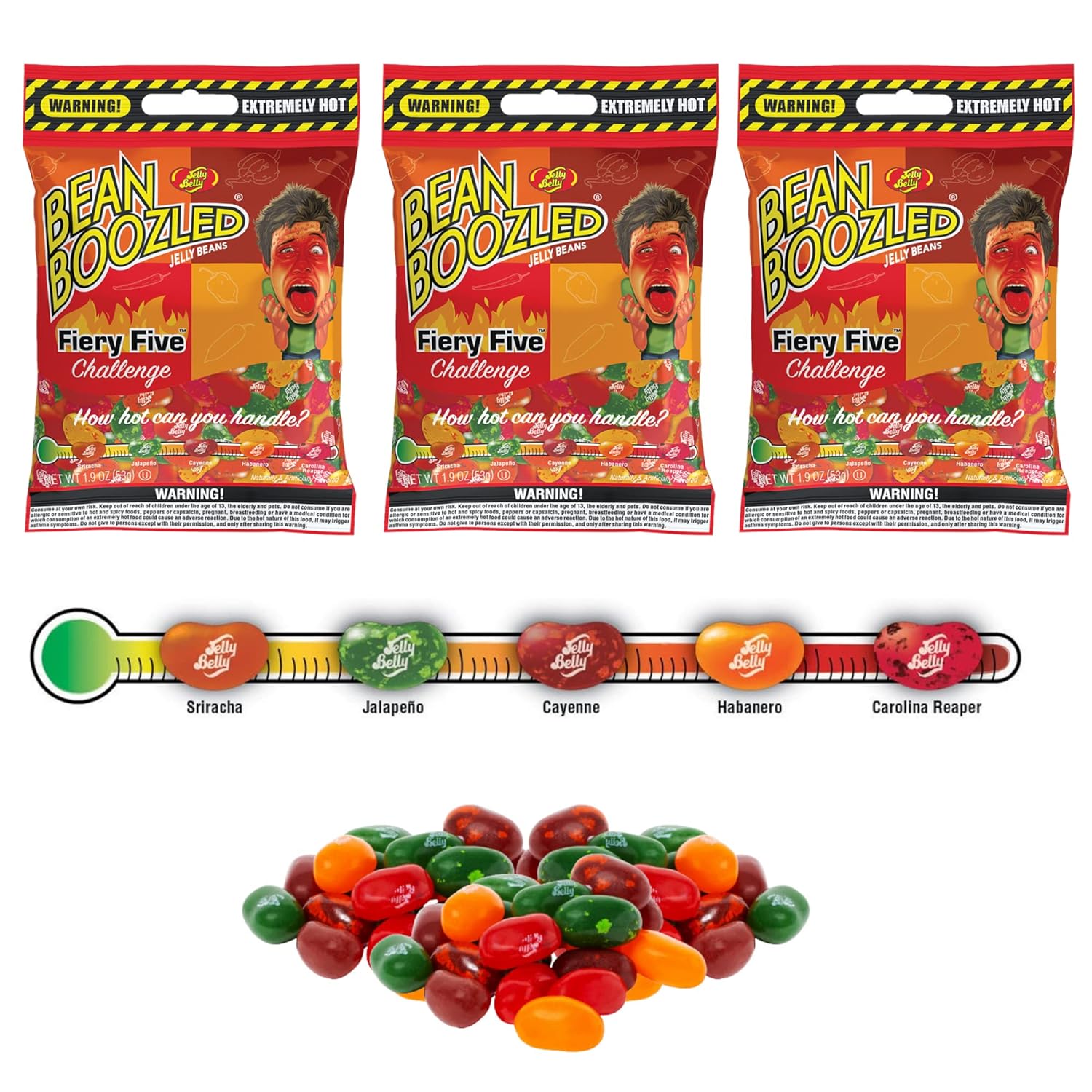 Ultimate Spicy Jelly Bean Challenge and Spinner Tin, cinco caramelos masticables extremadamente calientes con 3 bolsas de caramelo de repuesto,